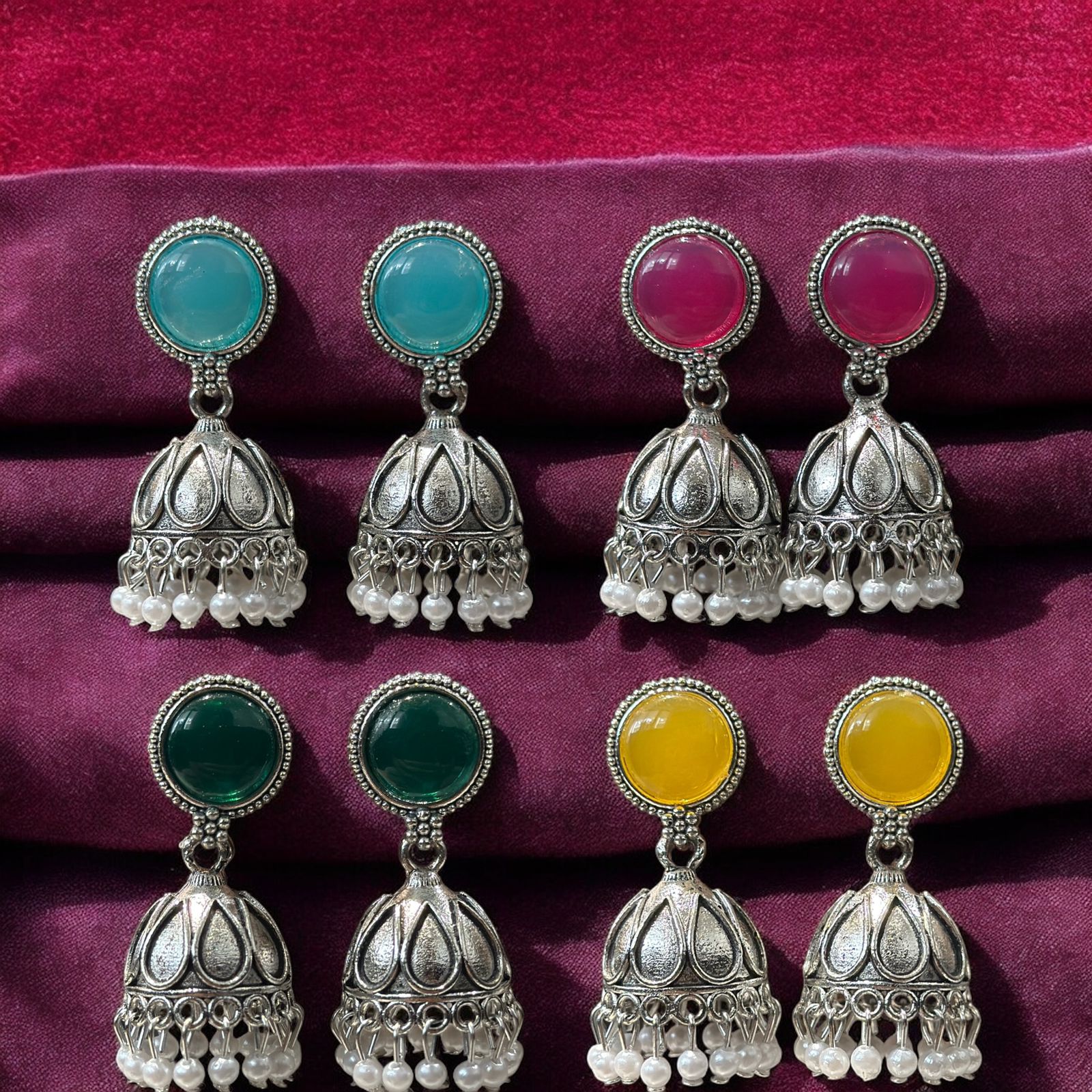 Combo of 4 Pair Silver Oxidised Jhumka Earrings for Girls and Women.