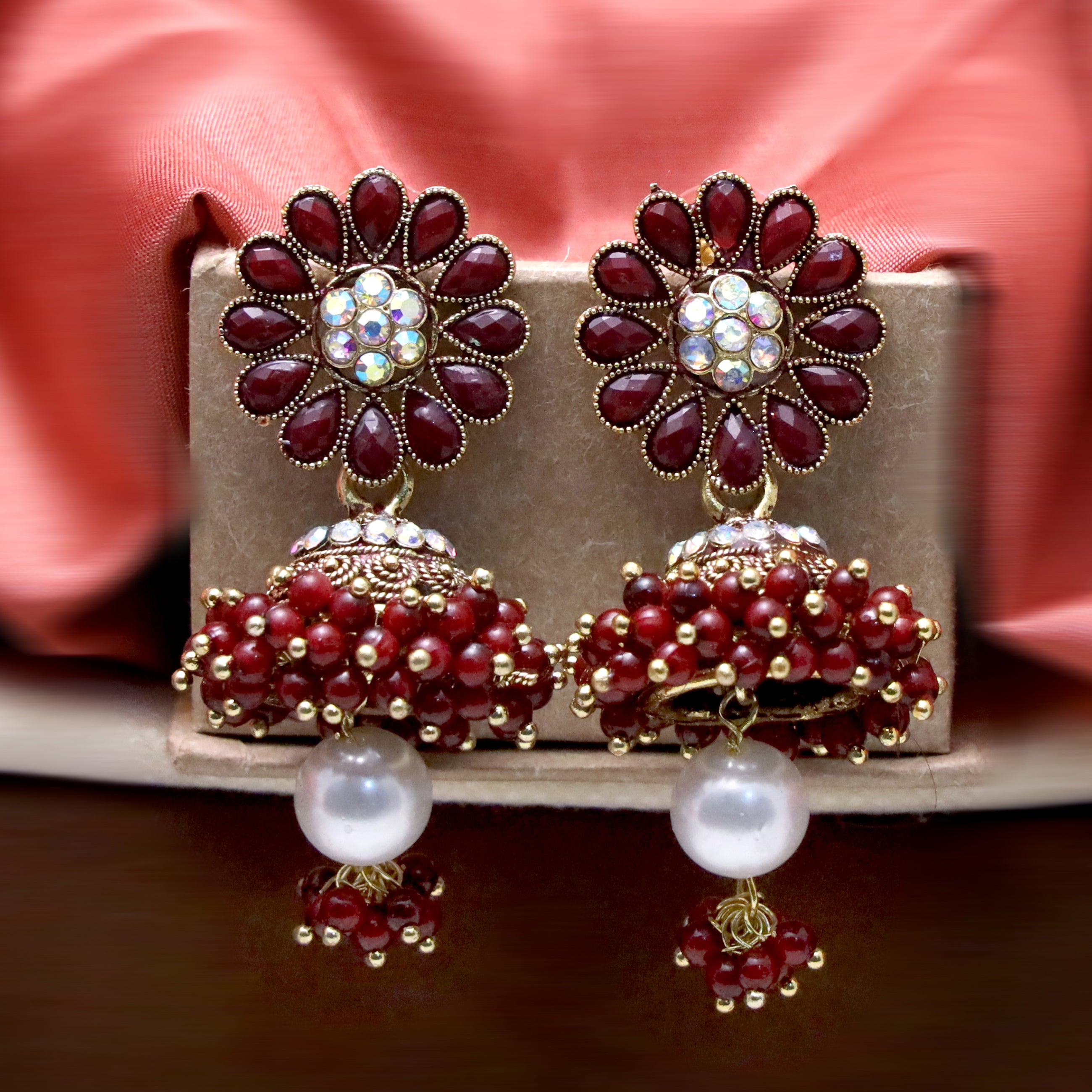 Diamond Studded Pearl Jhumka Earrings for Girls and Women.