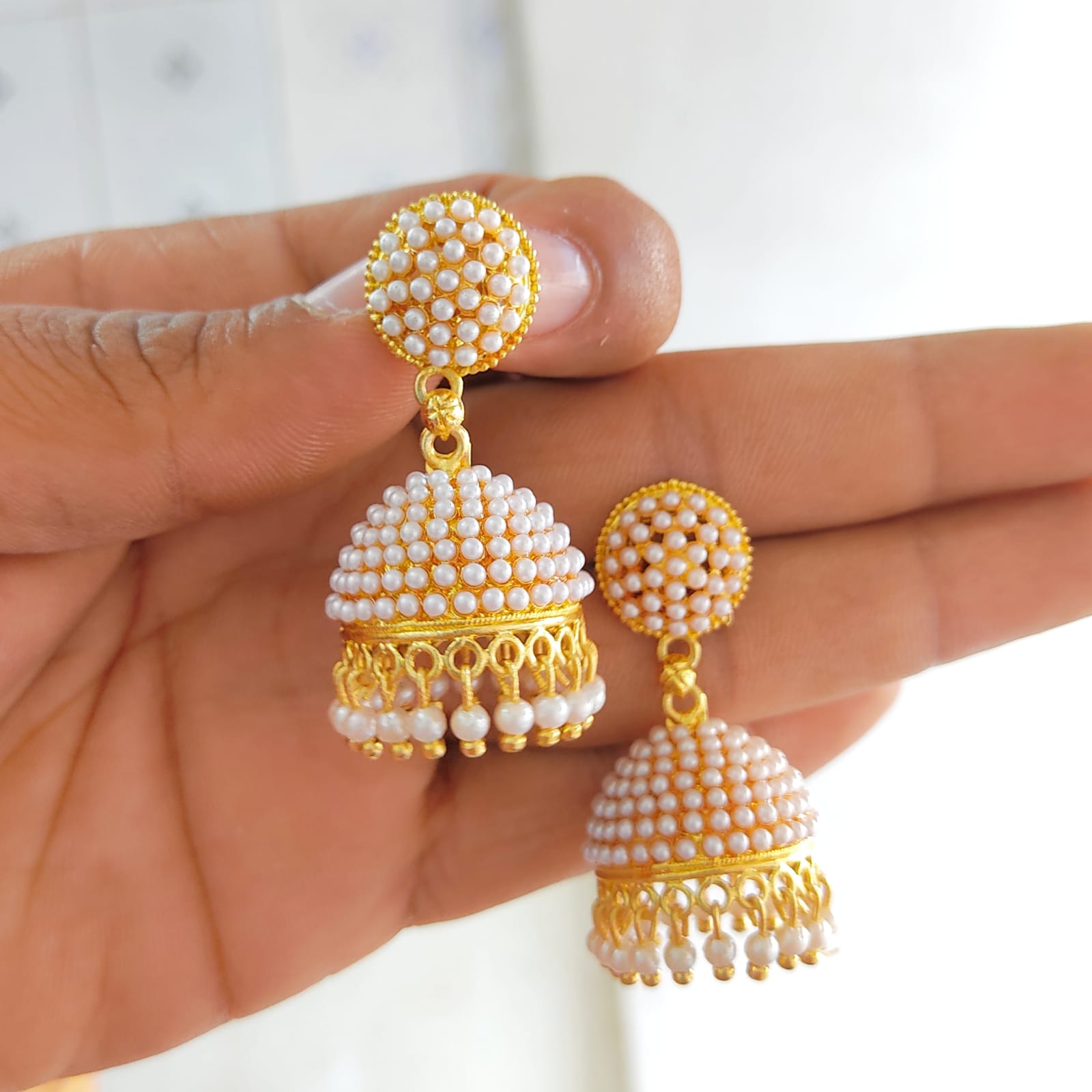 Gold Oxidised Pearl Jhumka Earrings for Girls and Women.