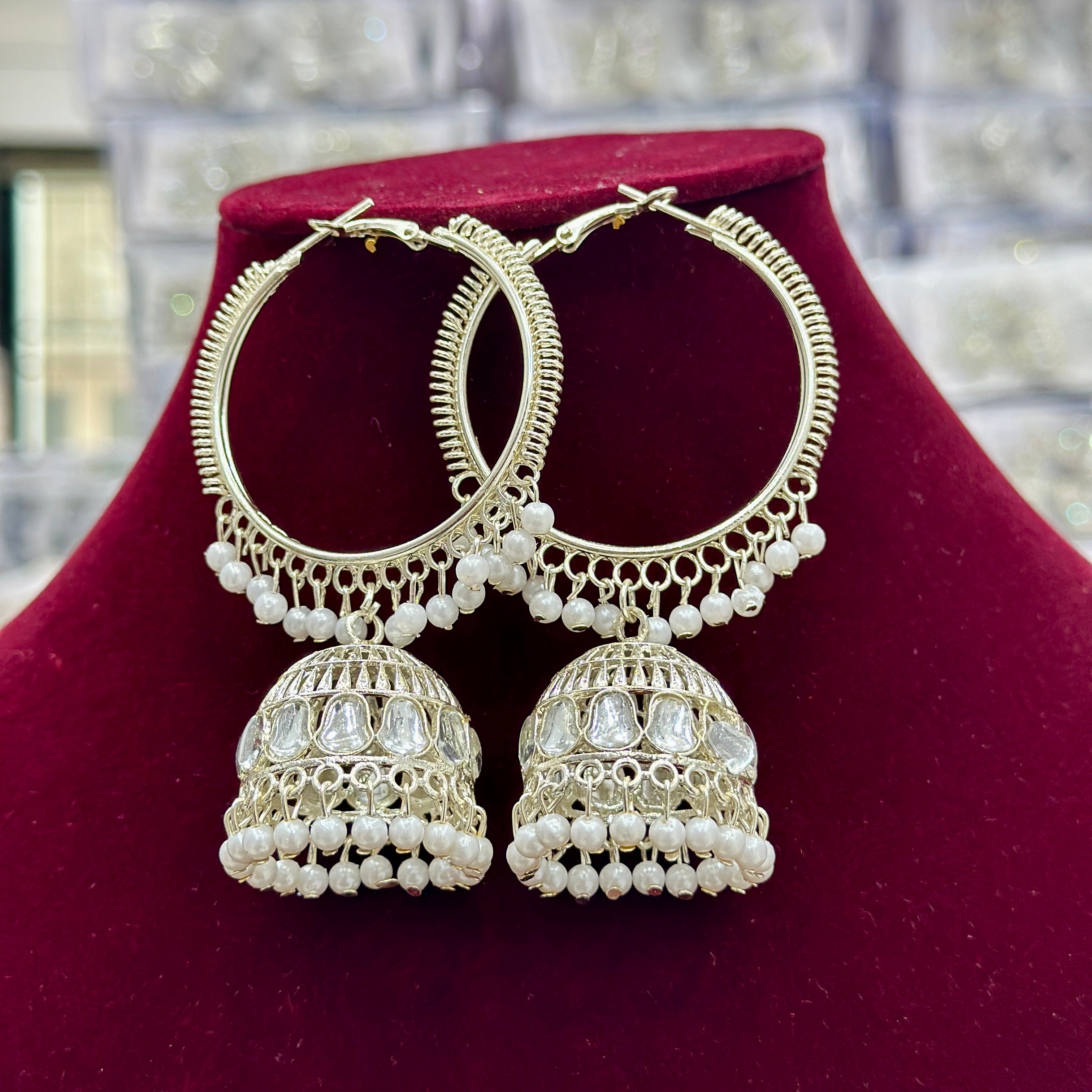 White Gold Platted Hoop Jhumka earrings for Girls and Women.