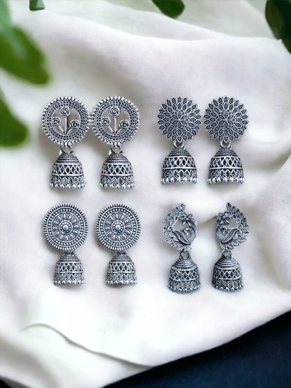 Silver Oxidised Combo Jhumka Earrings for Girls