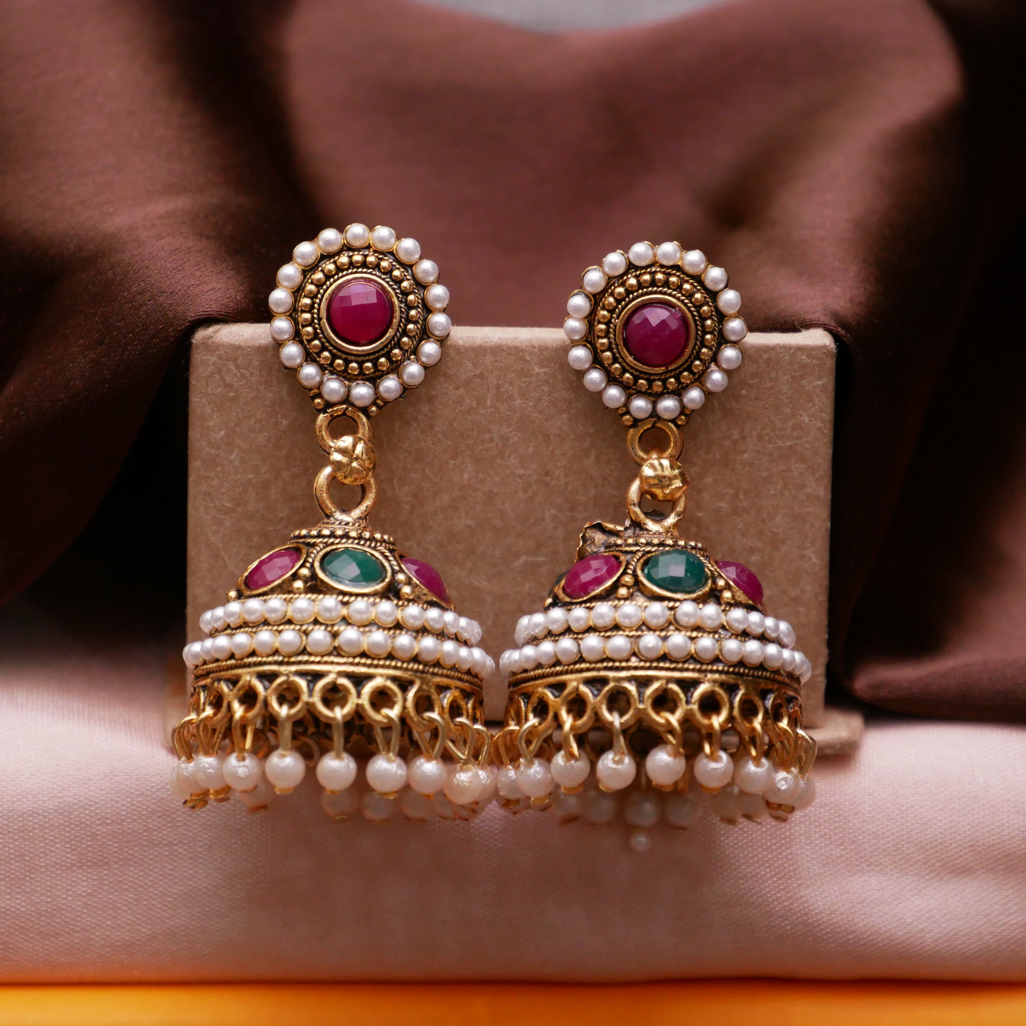 Gold Oxidised Pearl Jhumka Earrings for Girls and Women.