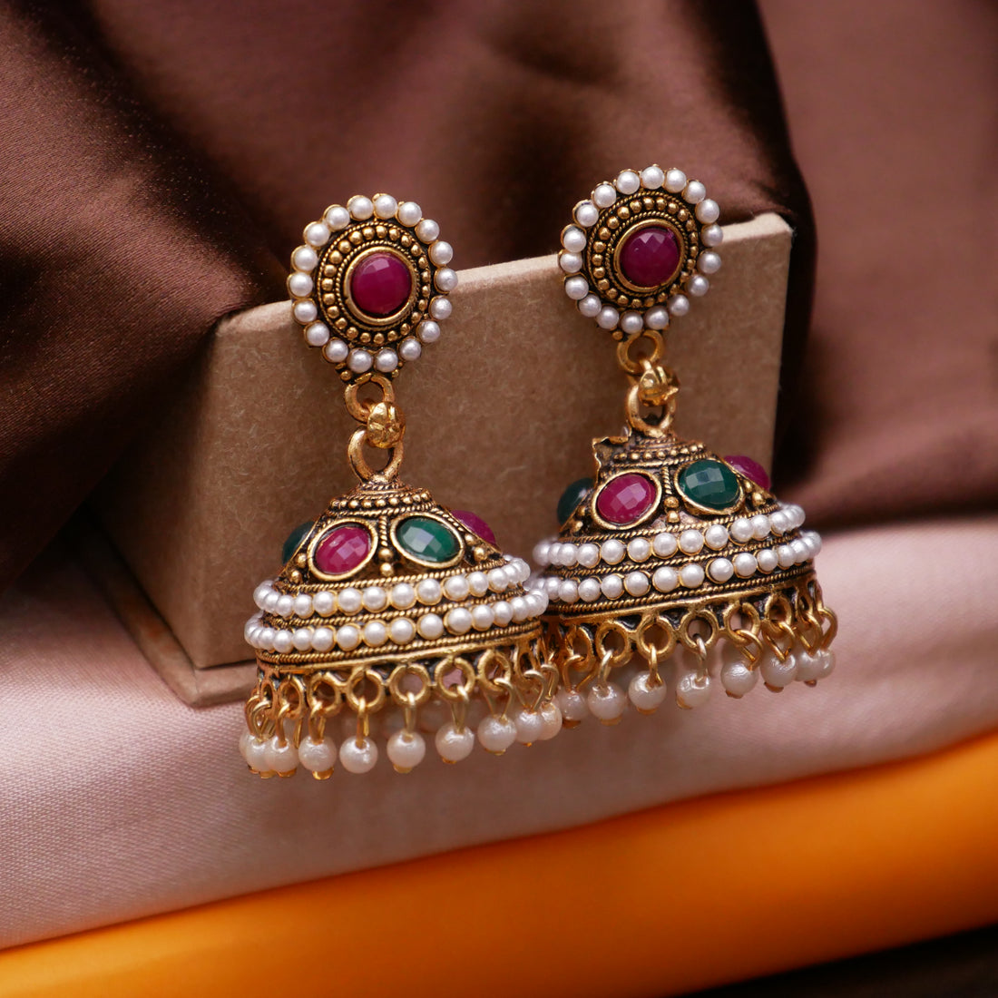 Gold Oxidised Pearl Jhumka Earrings for Girls and Women.