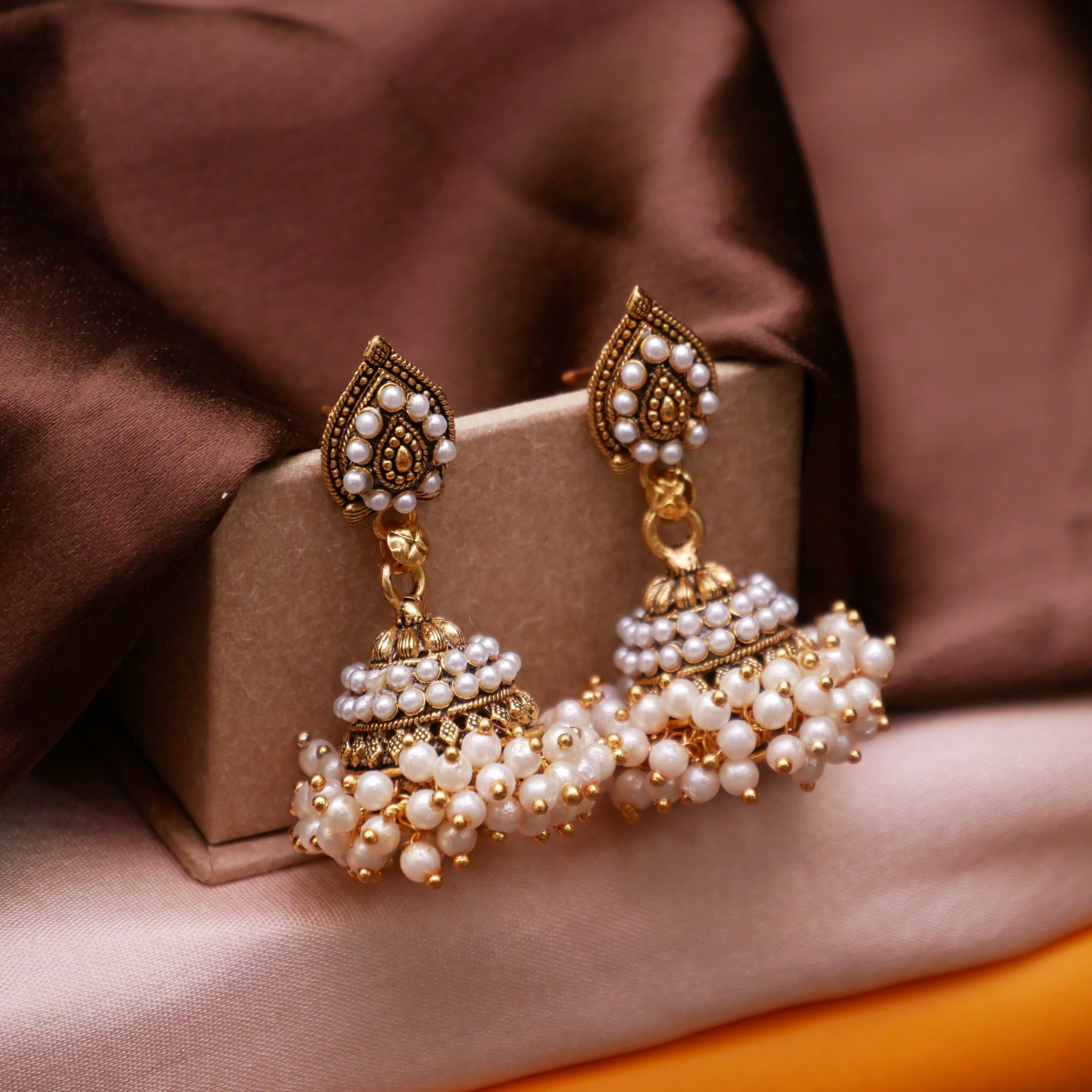 Gold Oxidised Pearl Jhumka Earrings for Girls and Women.