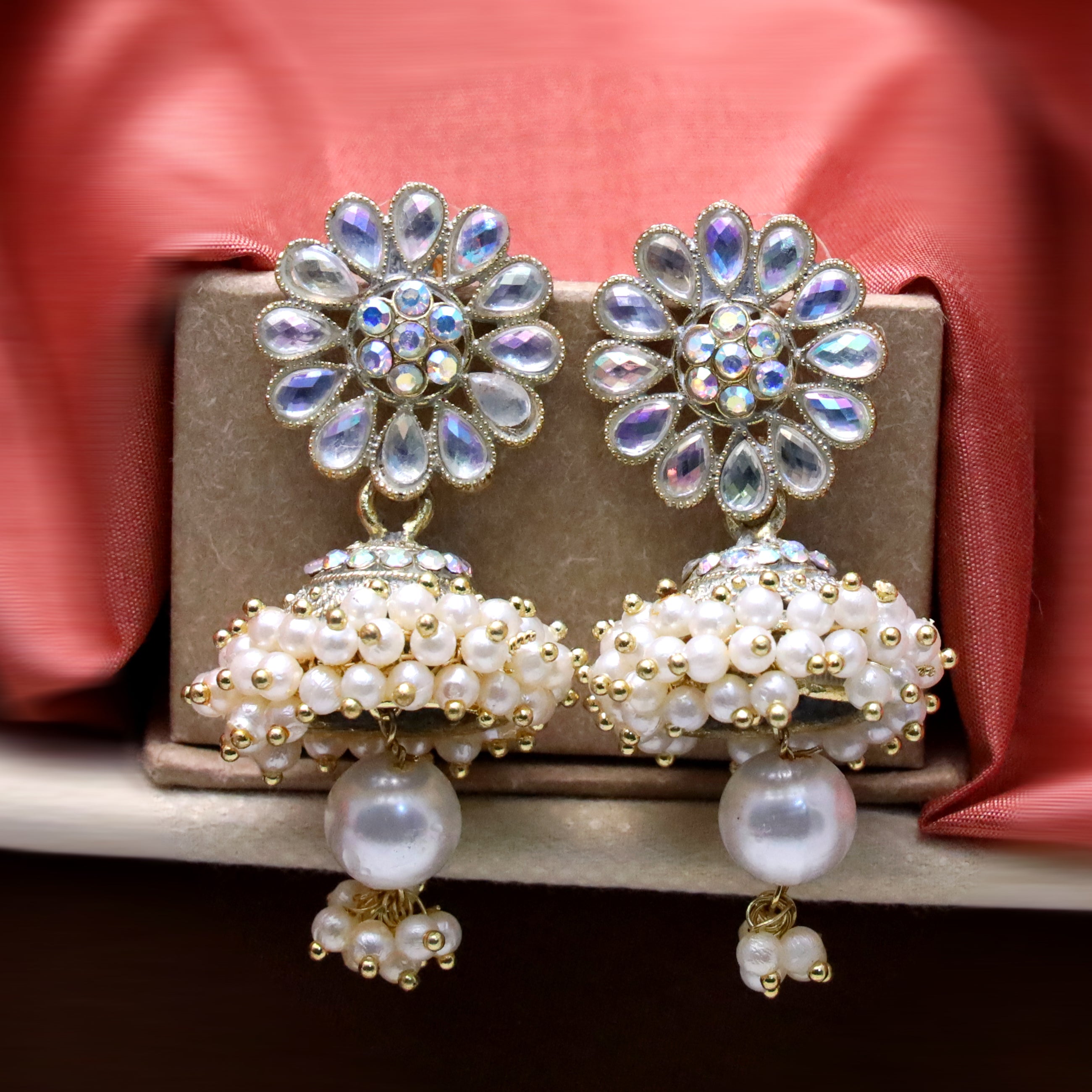 Diamond Studded Pearl Jhumka Earrings for Girls and Women.