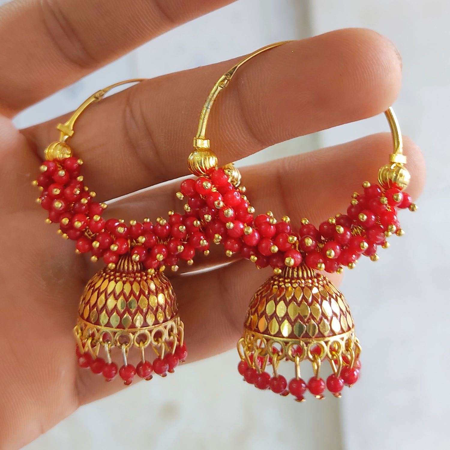 Pearl Attached Hoop Jhumka Earrings for Girls and Women.