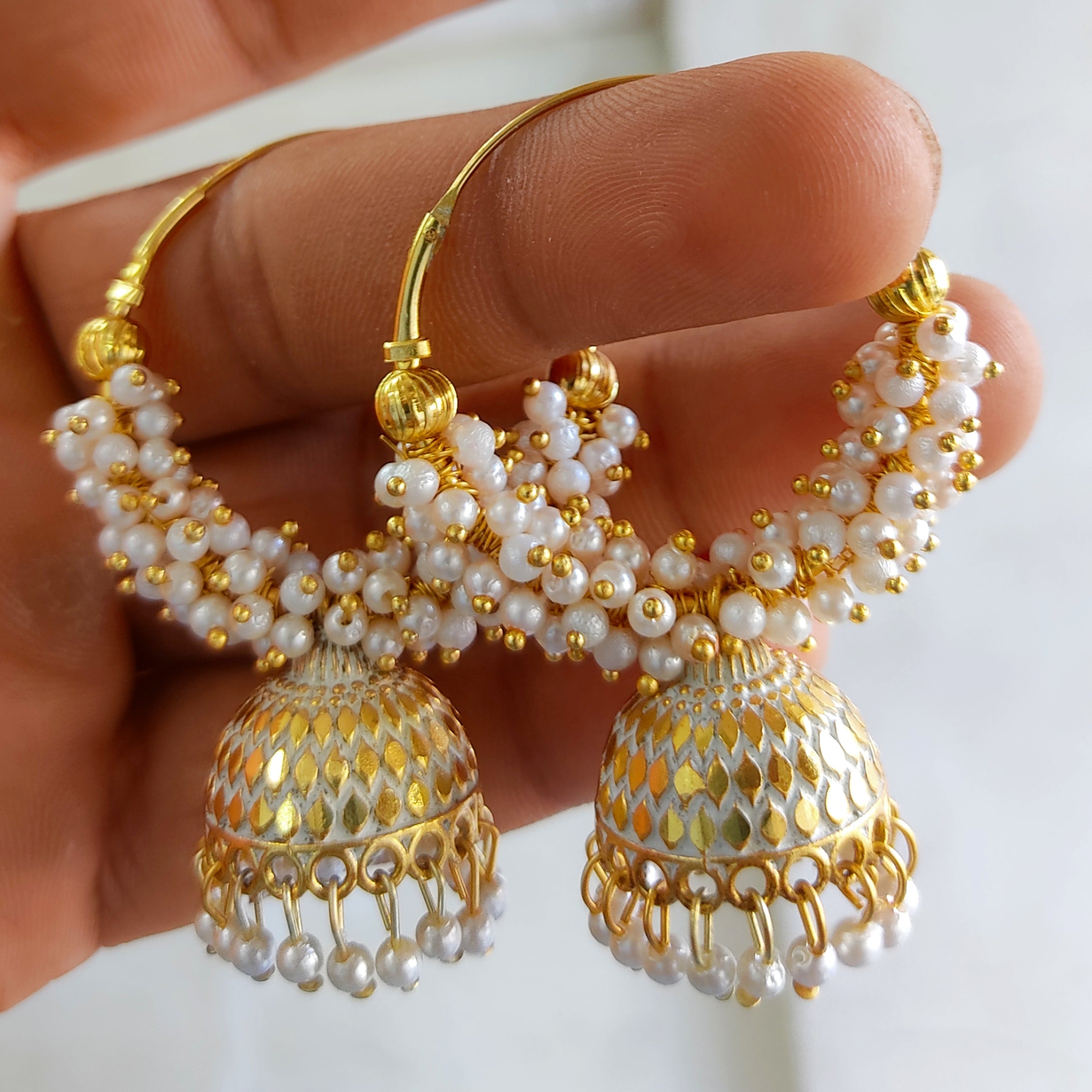 Pearl Attached Hoop Jhumka Earrings for Girls and Women.