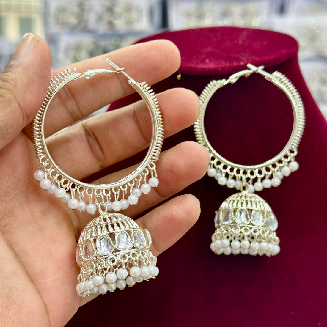 White Gold Platted Hoop Jhumka earrings for Girls and Women.