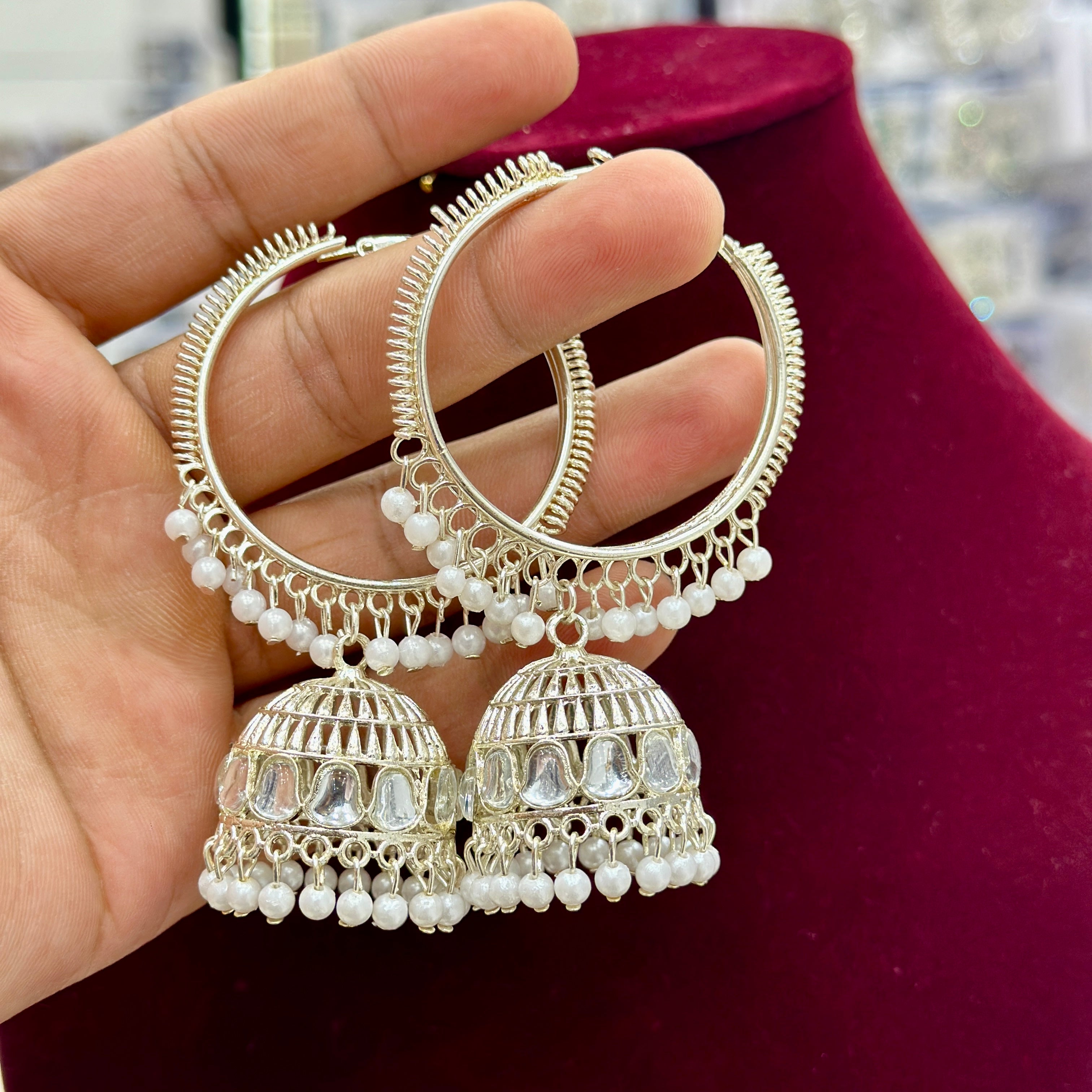 White Gold Platted Hoop Jhumka earrings for Girls and Women.