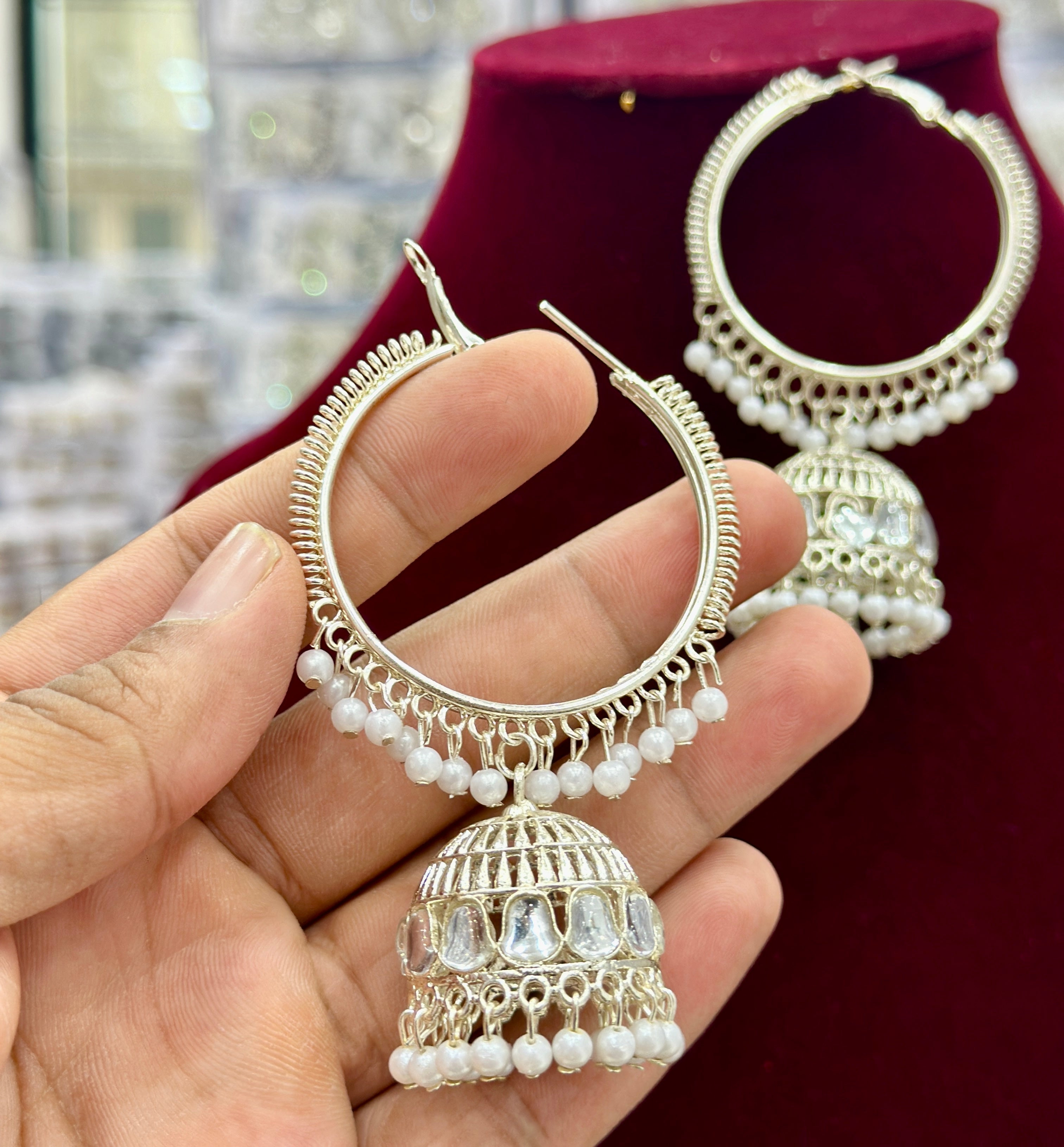 White Gold Platted Hoop Jhumka earrings for Girls and Women.