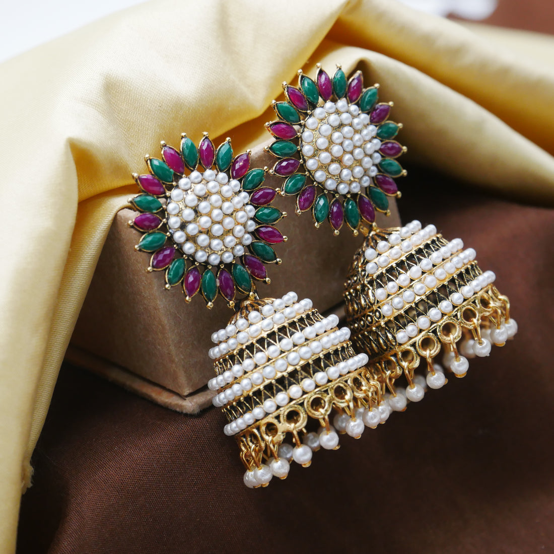 Gold Oxidised Pearl Jhumka Earrings for Girls and Women.