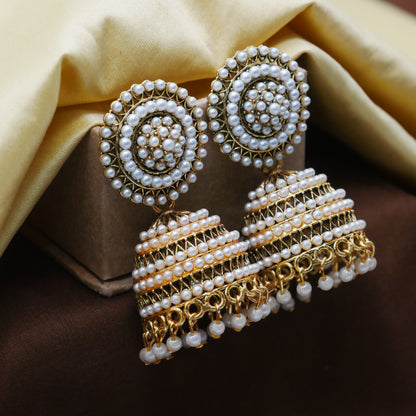 Gold Oxidised Pearl Jhumka Earrings for Girls and Women.