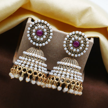 Gold Oxidised Pearl Jhumka Earrings for Girls and Women.