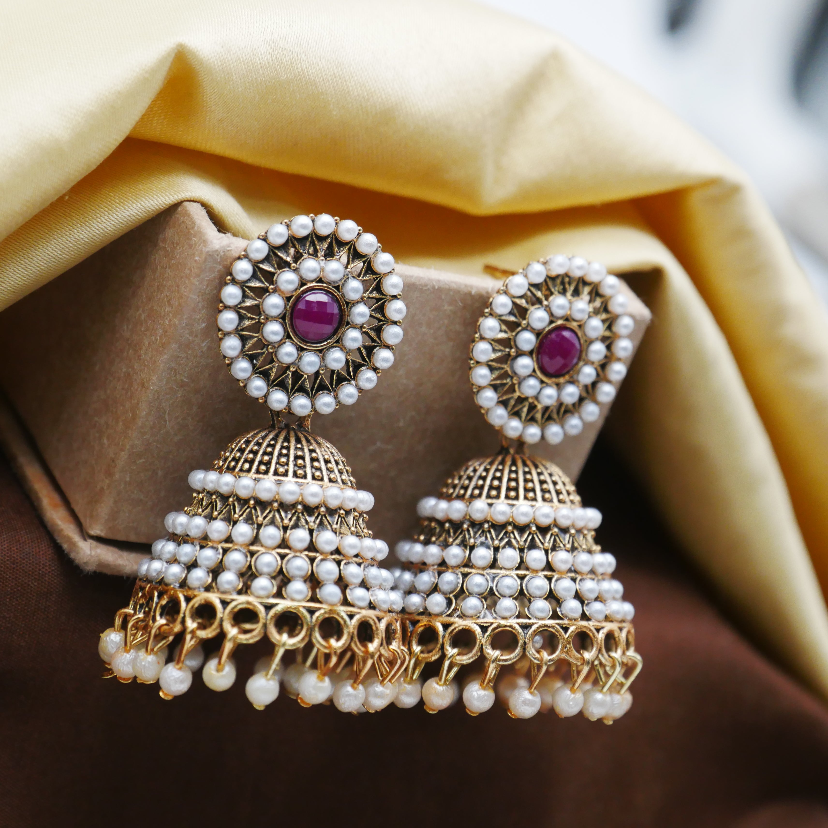 Gold Oxidised Pearl Jhumka Earrings for Girls and Women.