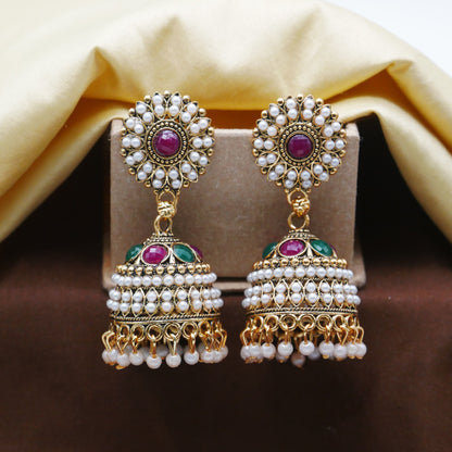 Gold Oxidised Pearl Jhumka Earrings for Girls and Women.