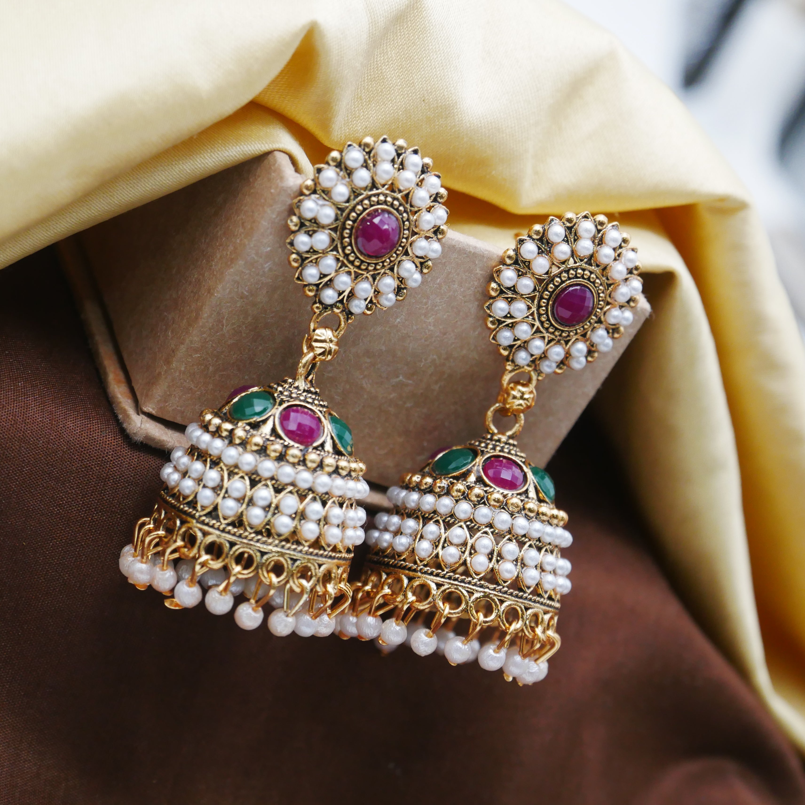 Gold Oxidised Pearl Jhumka Earrings for Girls and Women.