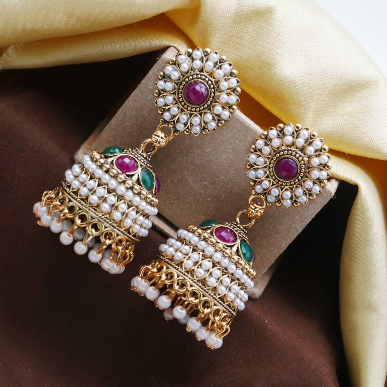 Gold Oxidised Pearl Jhumka Earrings for Girls and Women.