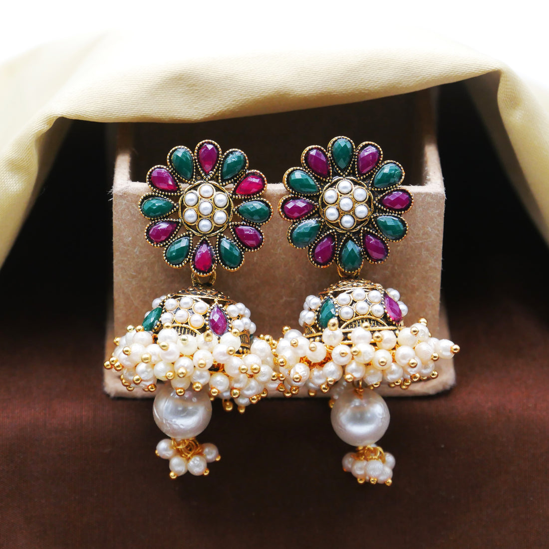 Gold Oxidised Pearl Jhumka Earrings for Girls and Women.