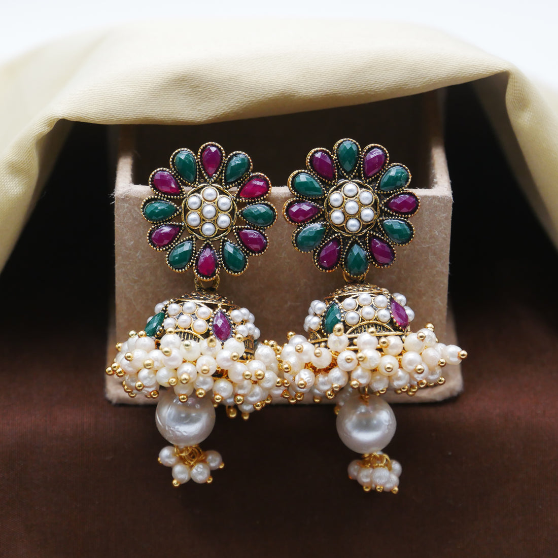 Gold Oxidised Pearl Jhumka Earrings for Girls and Women.