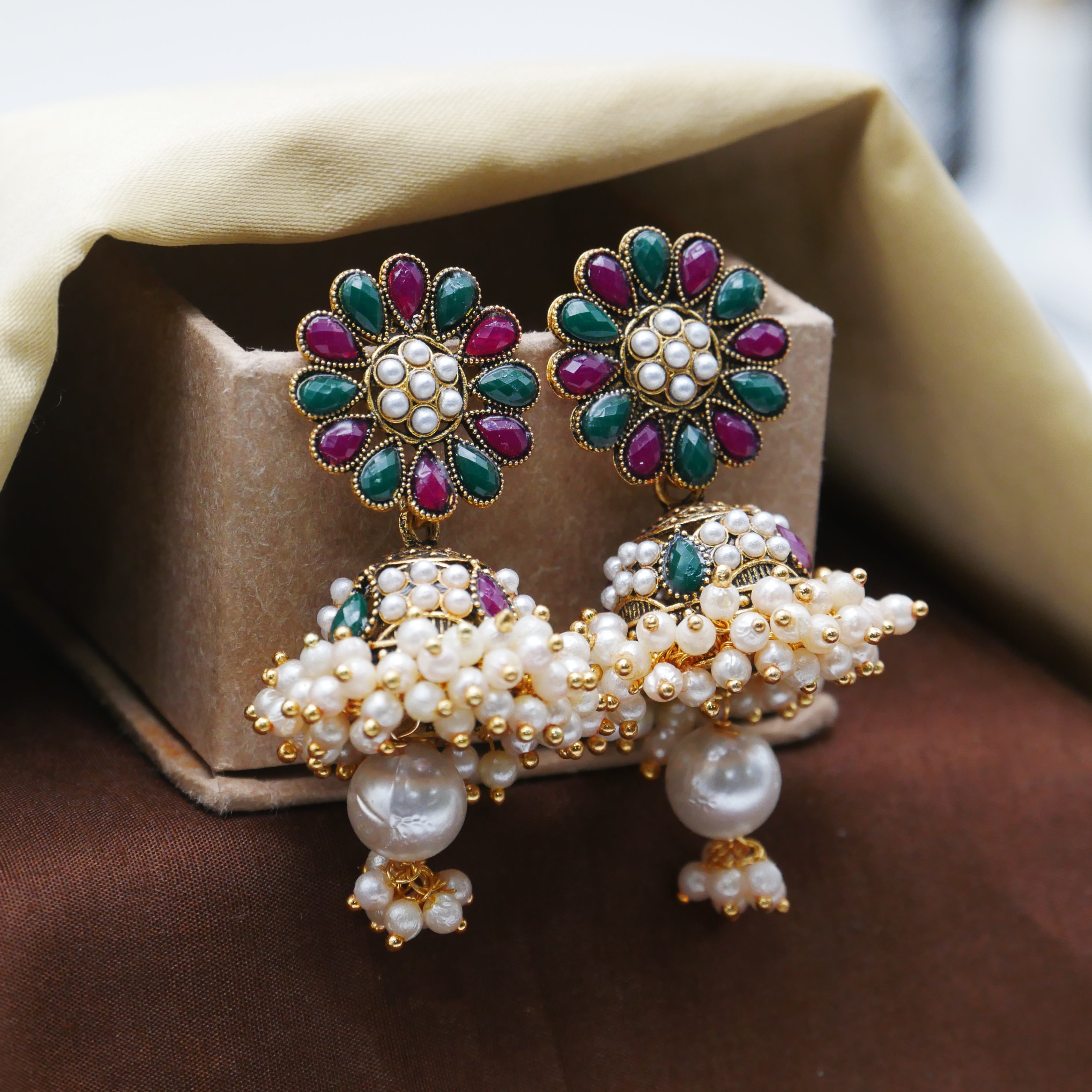 Gold Oxidised Pearl Jhumka Earrings for Girls and Women.