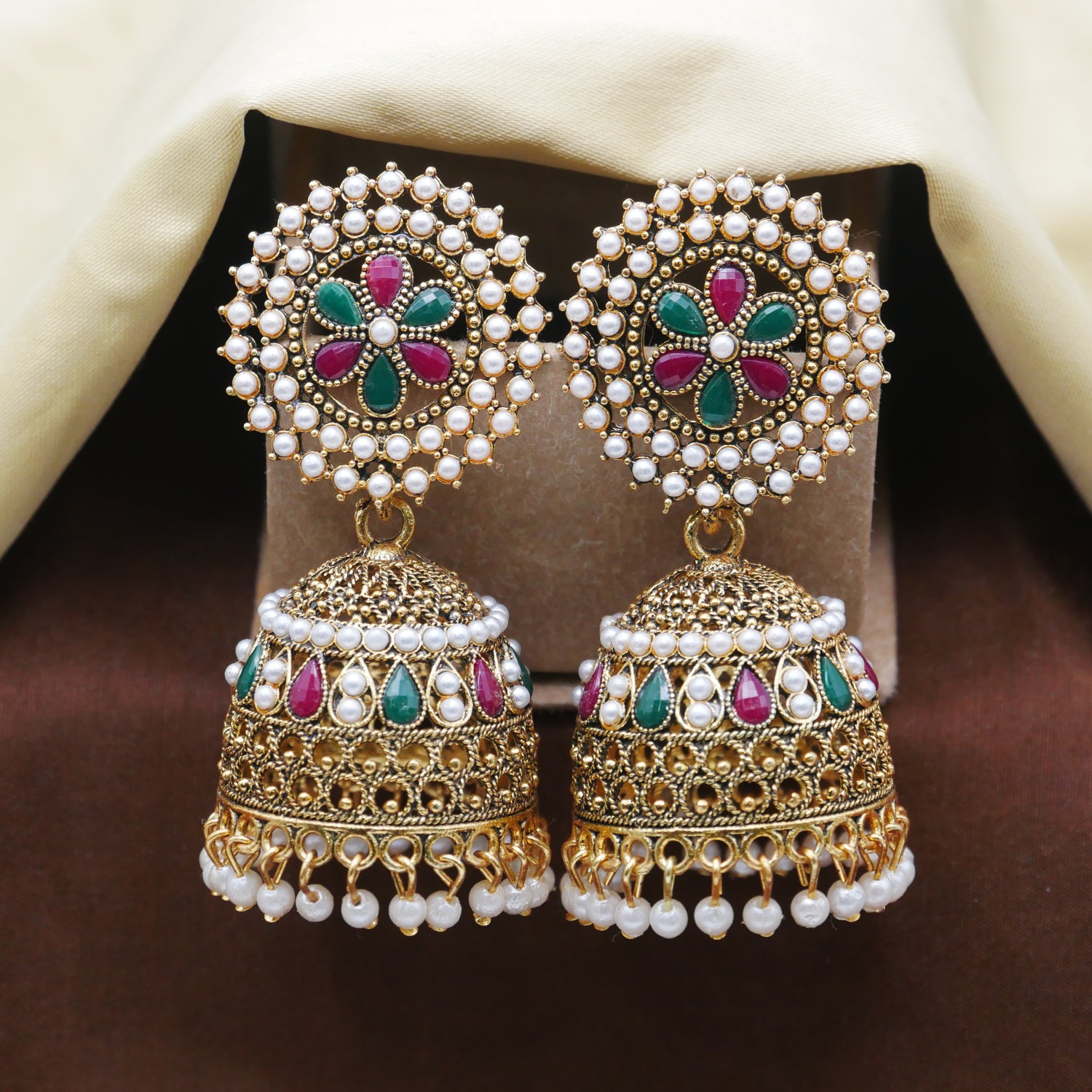 Gold Oxidised Pearl Jhumka Earrings for Girls and Women.