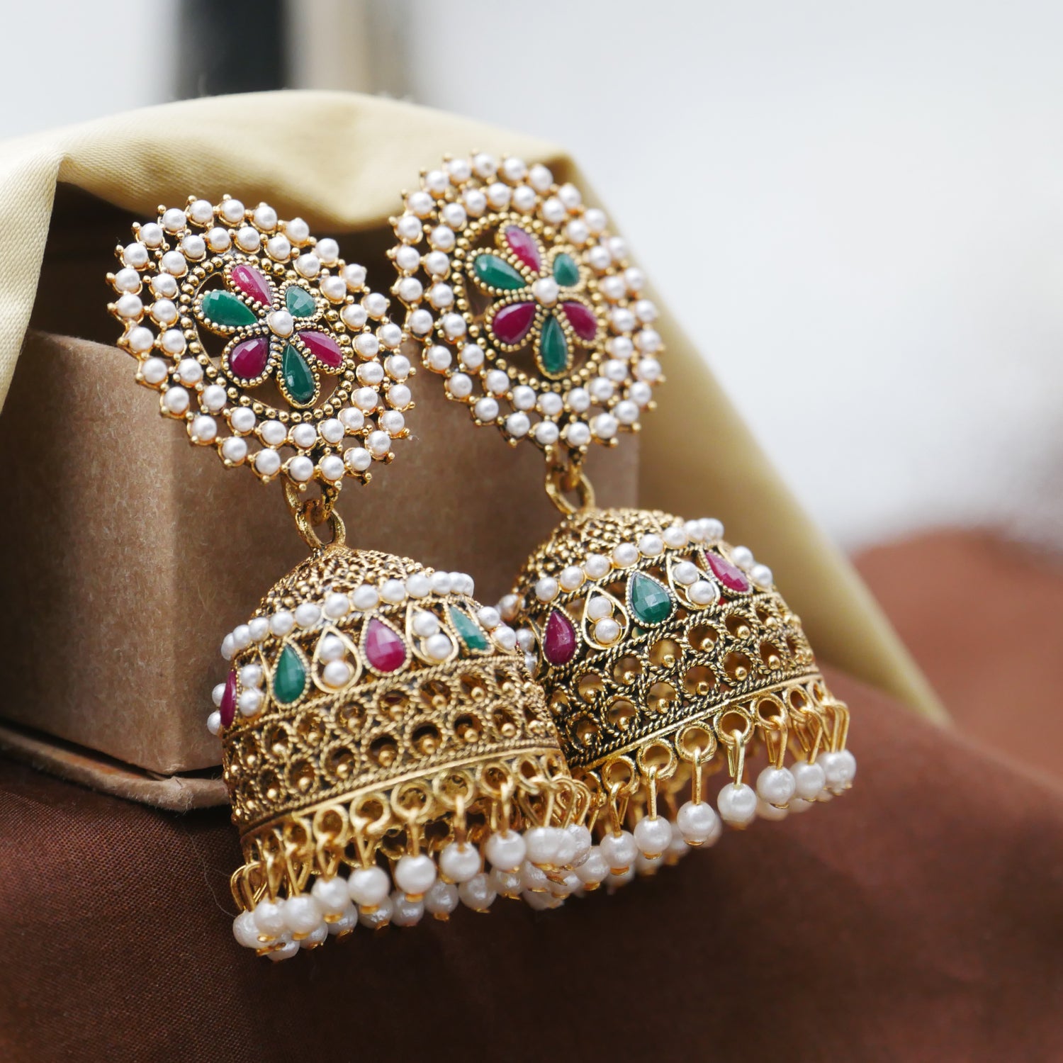 Gold Oxidised Pearl Jhumka Earrings for Girls and Women.