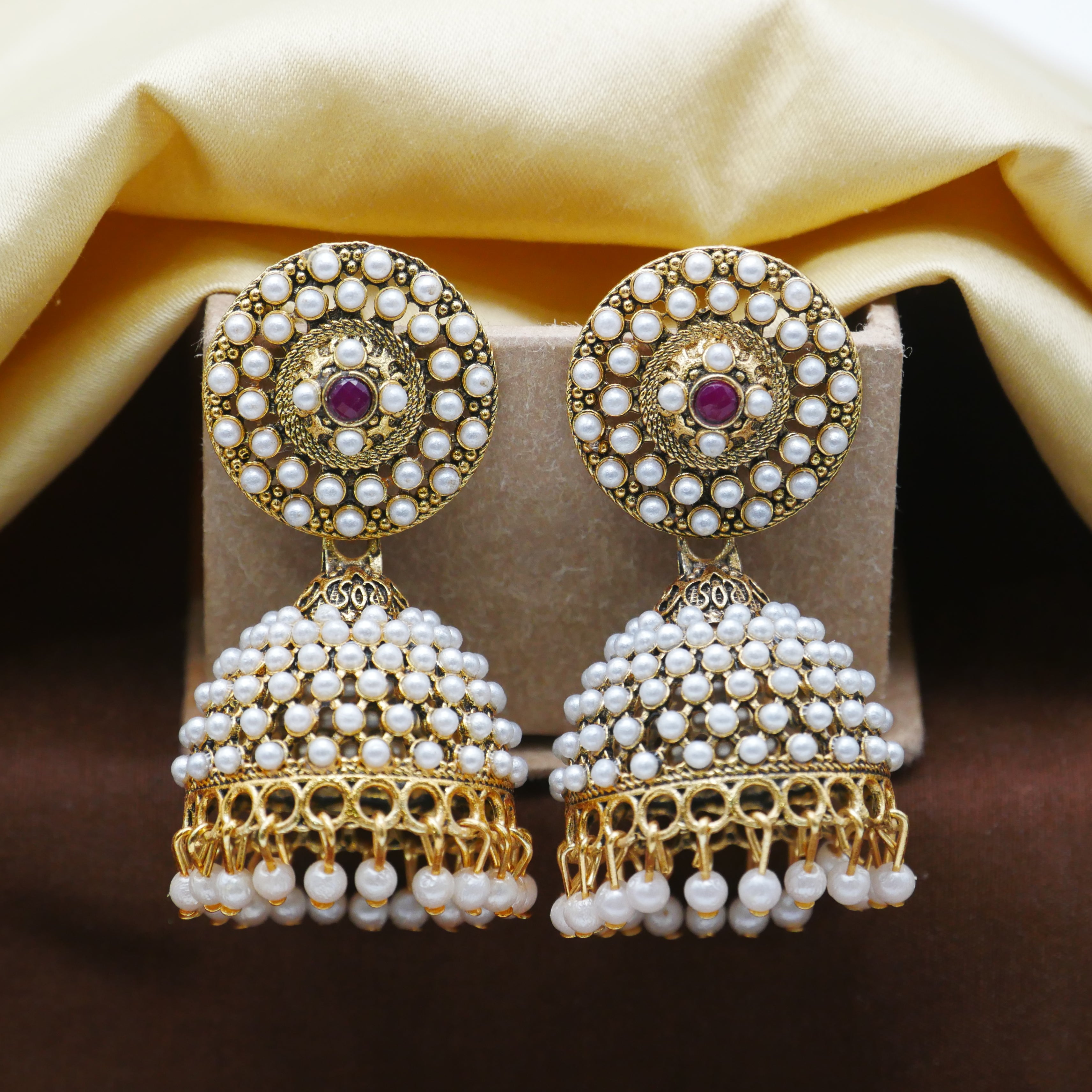 Gold Oxidised Pearl Jhumka Earrings for Girls and Women.