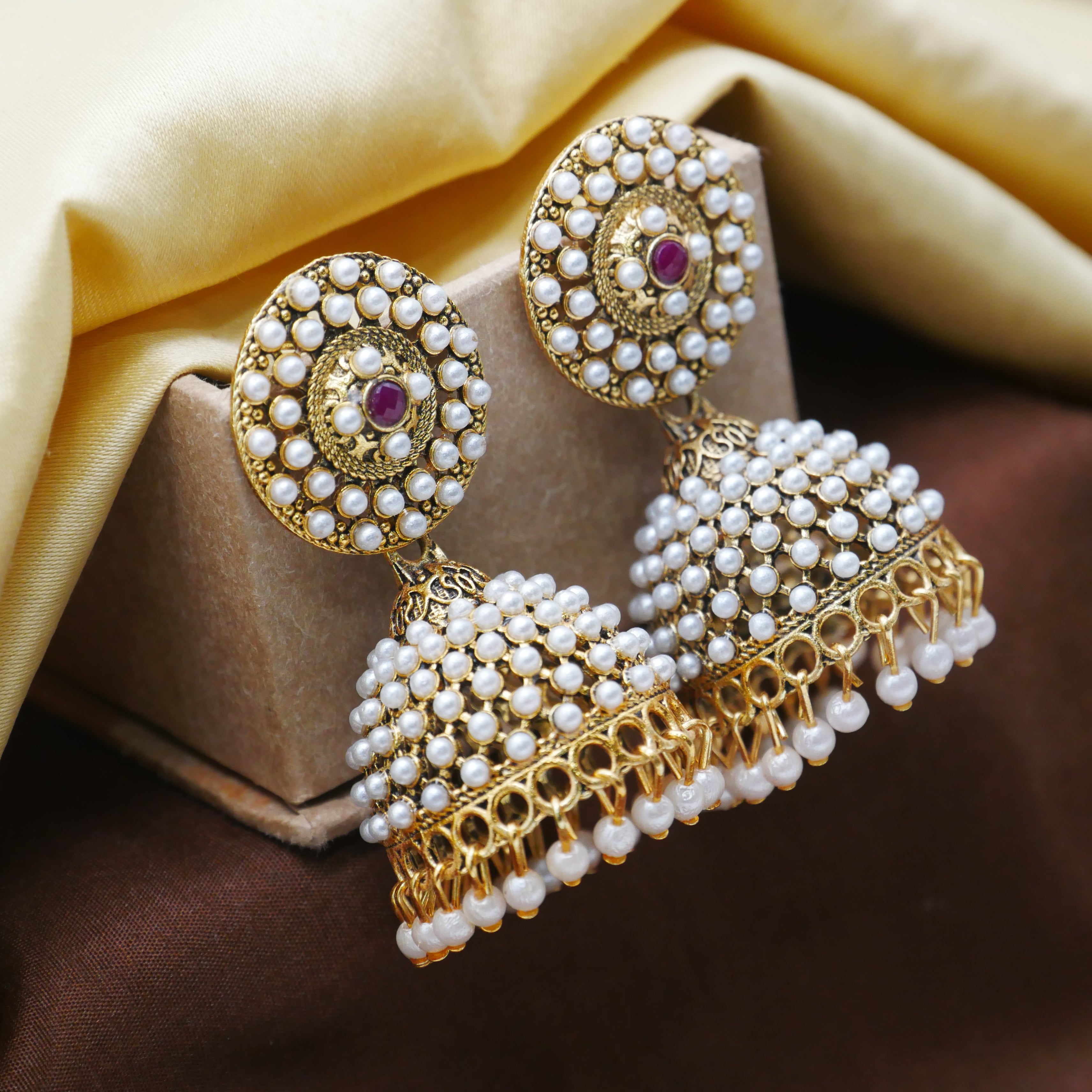 Gold Oxidised Pearl Jhumka Earrings for Girls and Women.