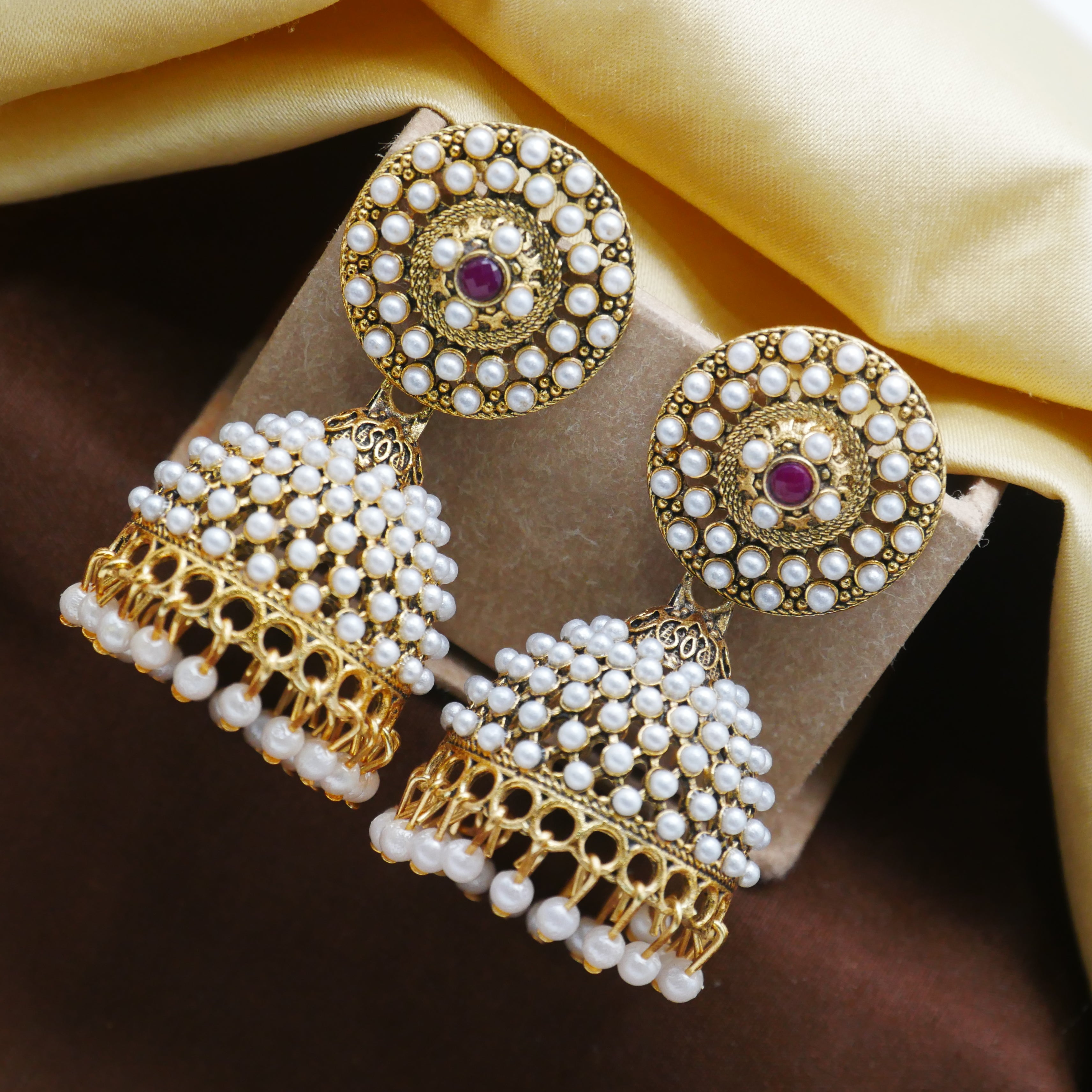 Gold Oxidised Pearl Jhumka Earrings for Girls and Women.