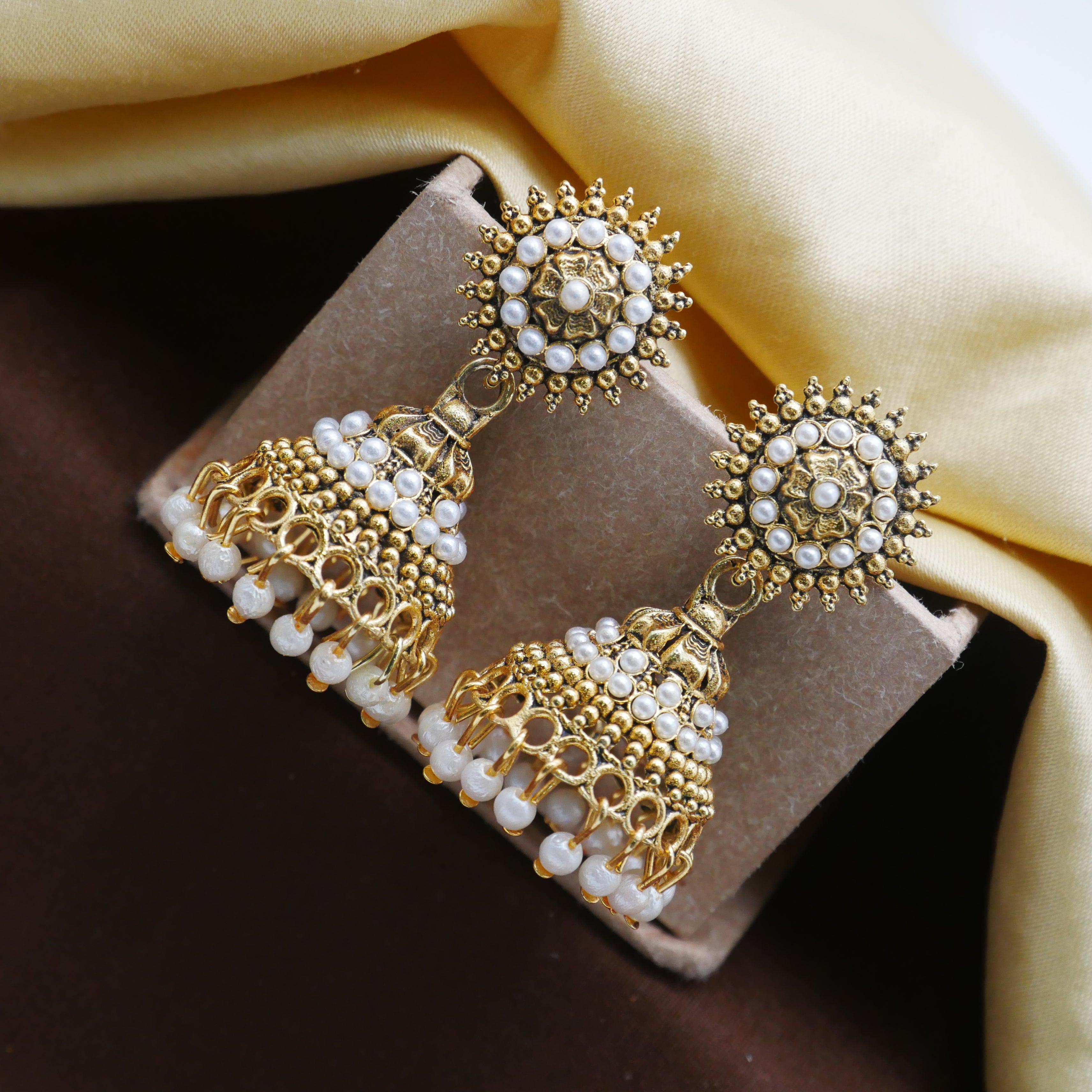 Gold Oxidised Pearl Jhumka Earrings for Girls and Women.