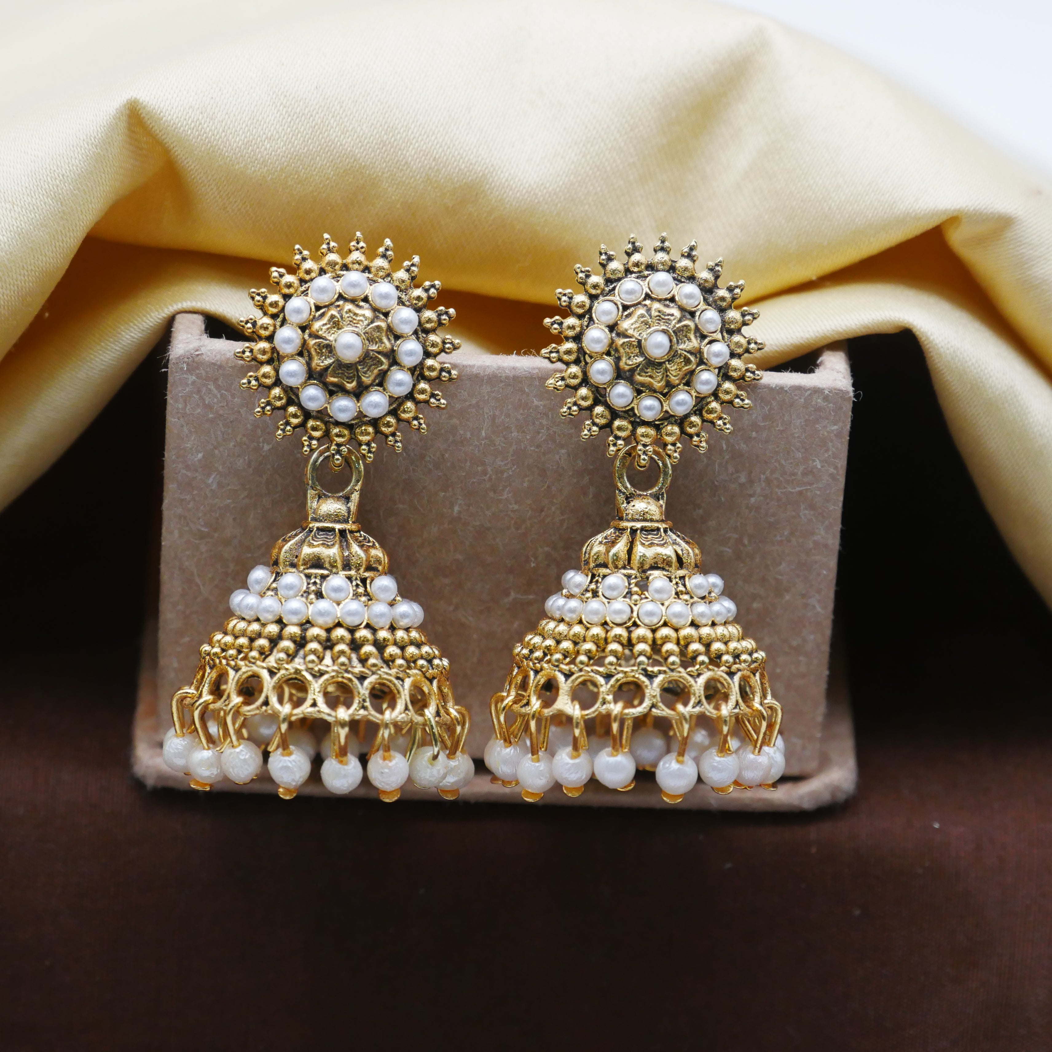 Gold Oxidised Pearl Jhumka Earrings for Girls and Women.