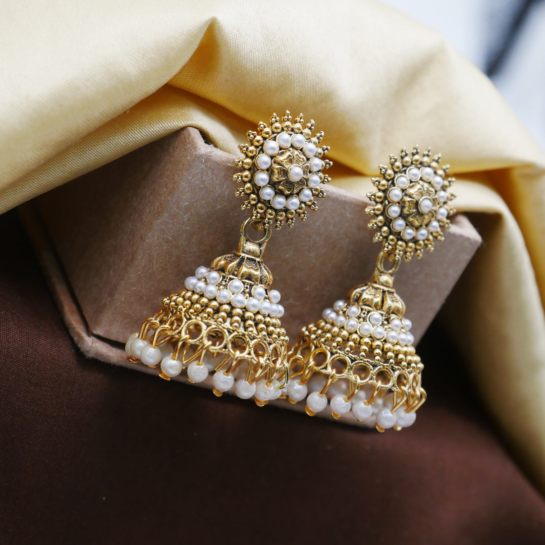 Gold Oxidised Pearl Jhumka Earrings for Girls and Women.