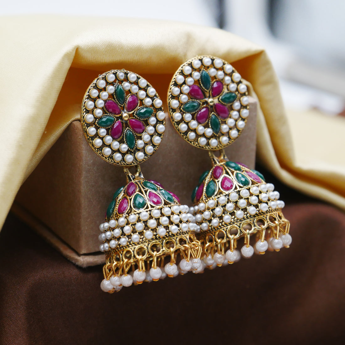 Gold Oxidised Pearl Jhumka Earrings for Girls and Women.