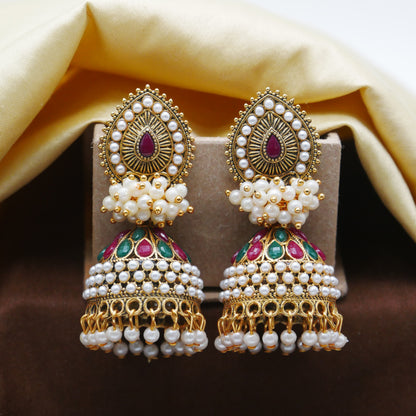 Gold Oxidised Pearl Jhumka Earrings for Girls and Women.