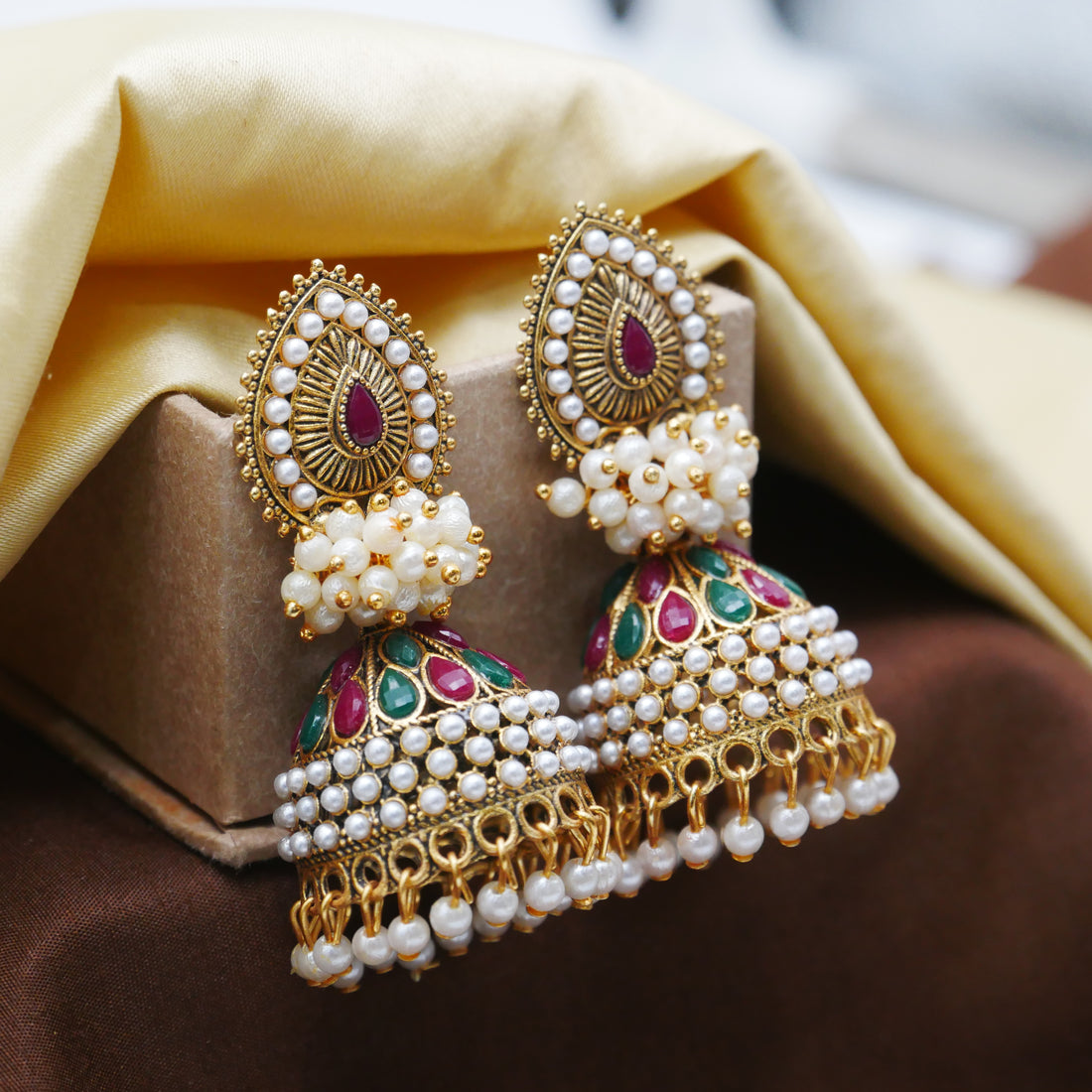 Gold Oxidised Pearl Jhumka Earrings for Girls and Women.