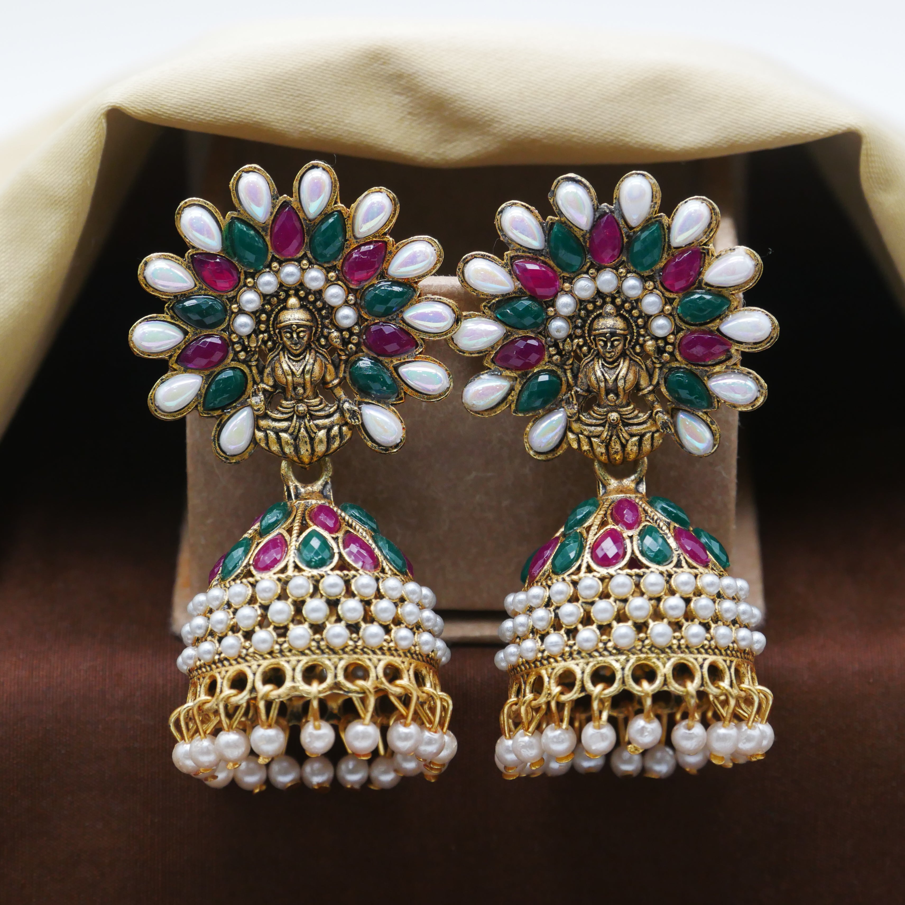 Laxmi ji Inspired Gold Oxidised Pearl Jhumka Earrings for Girls and Women.