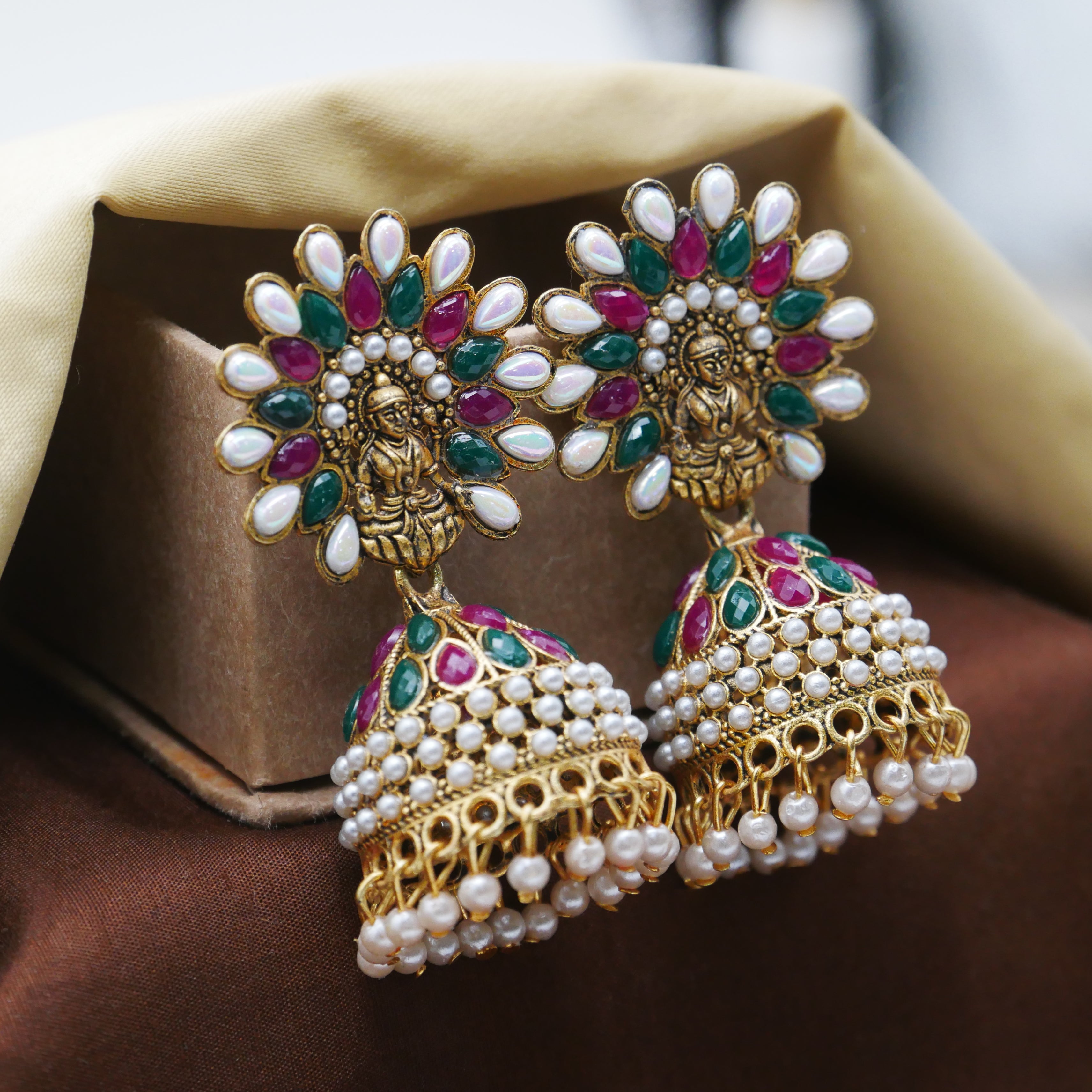 Laxmi ji Inspired Gold Oxidised Pearl Jhumka Earrings for Girls and Women.