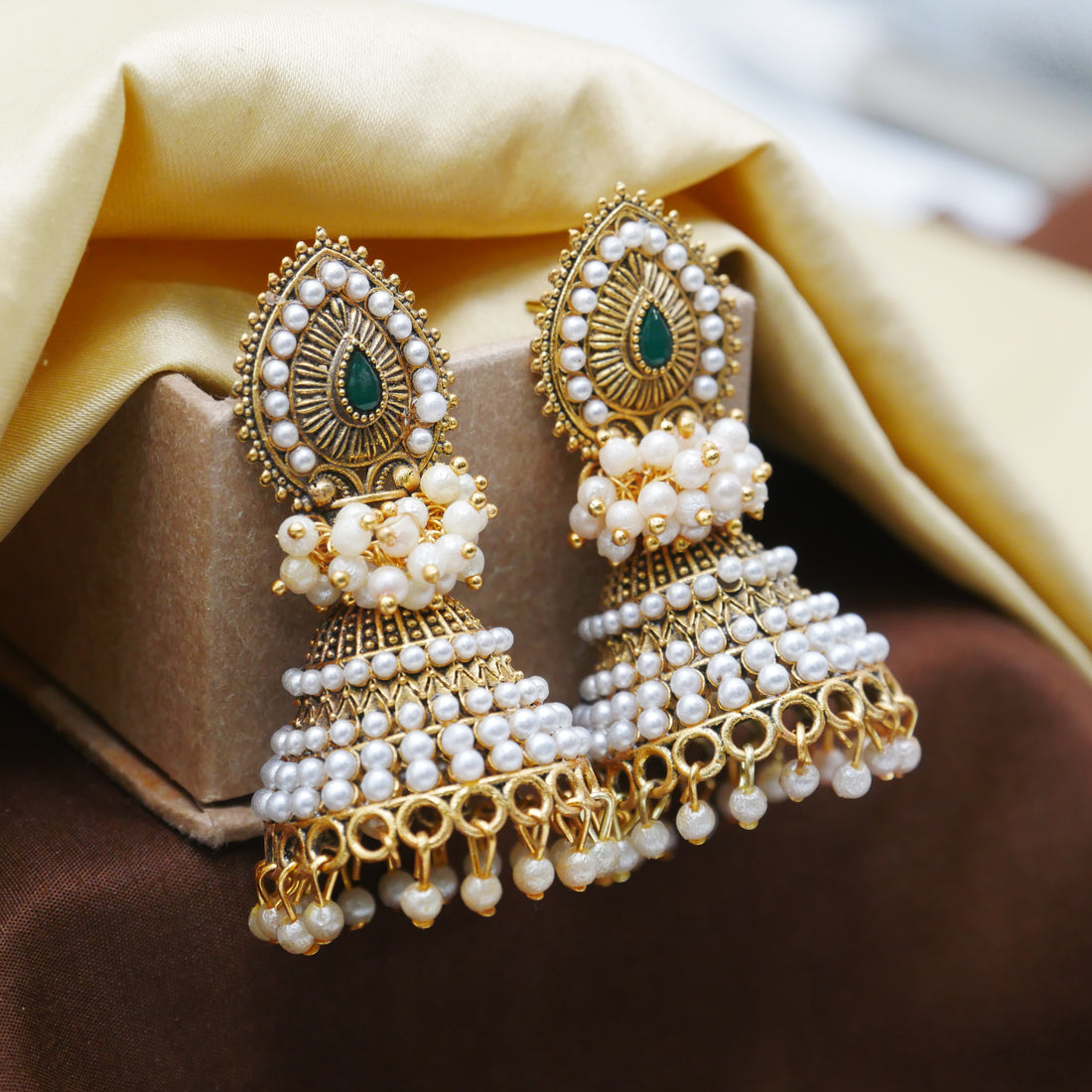 Gold Oxidised Pearl Jhumka Earrings for Girls and Women.