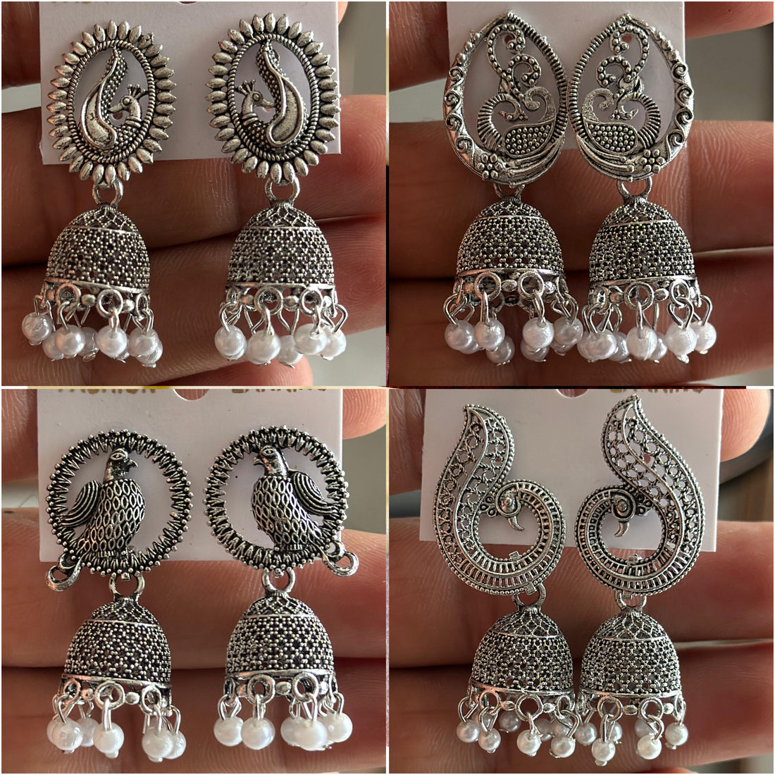 Combo of 4 Pair Silver Oxidised Jhumka earrings for Girls and Women.