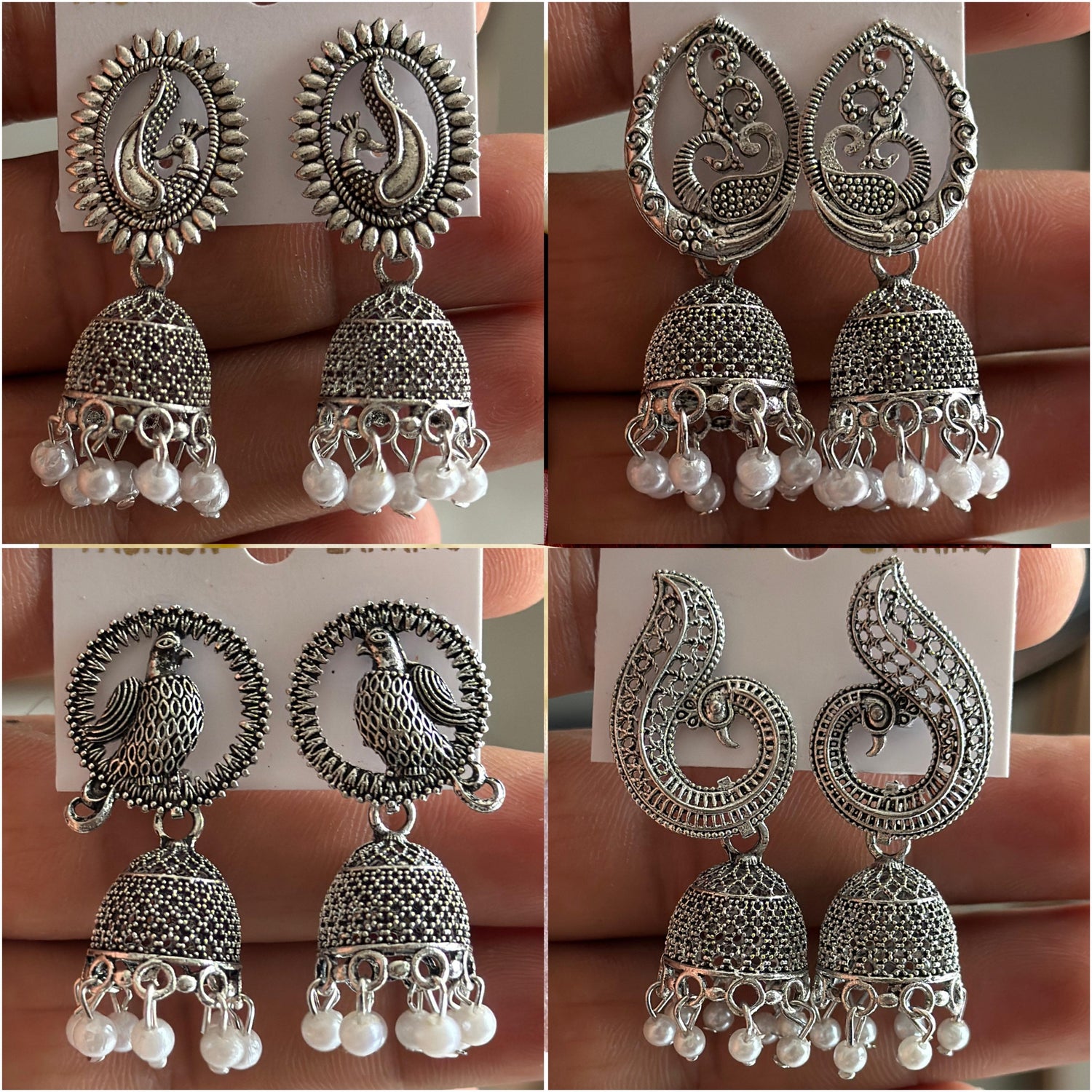 Combo of 4 Pair Silver Oxidised Jhumka earrings for Girls and Women.