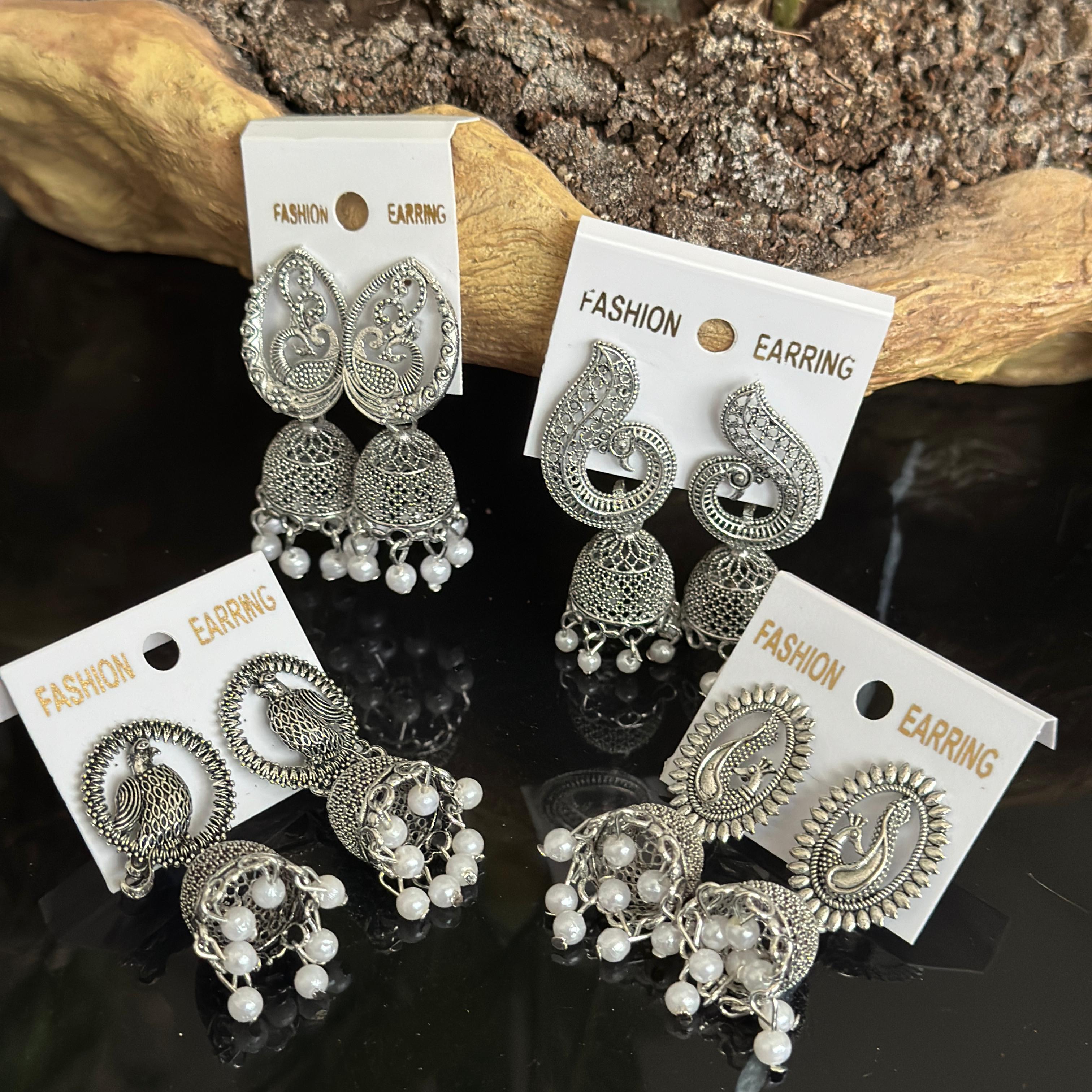 Combo of 4 Pair Silver Oxidised Jhumka earrings for Girls and Women.