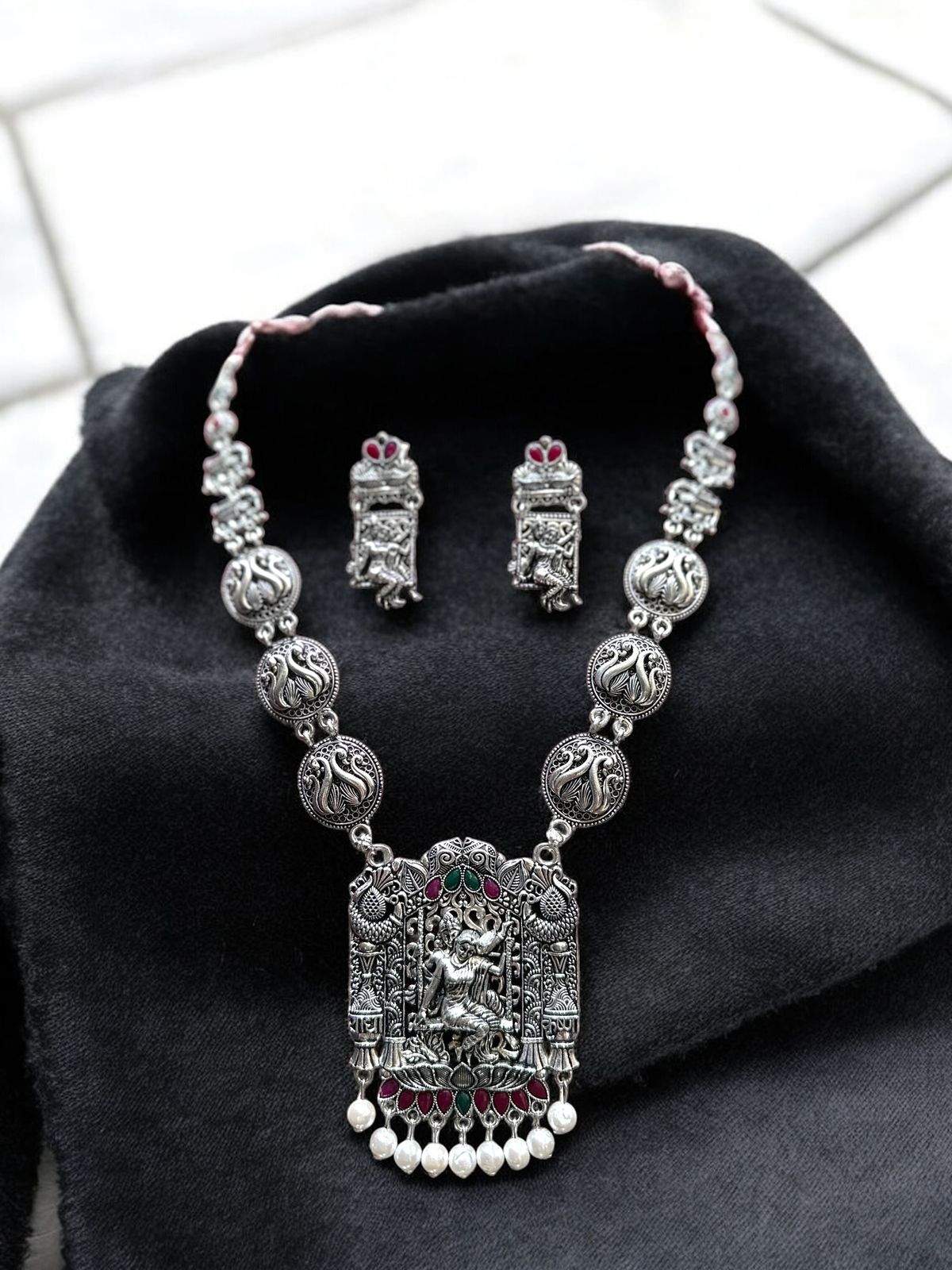 Radha Krishna long Silver Necklace For Women