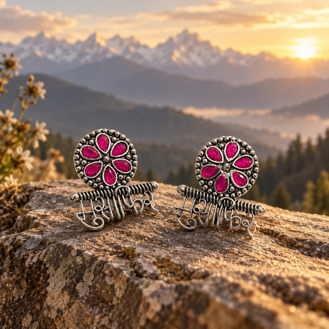 Oxidized Silver Floral Earrings for Women with Pink Stone | Traditional &amp; Trendy Jewellery