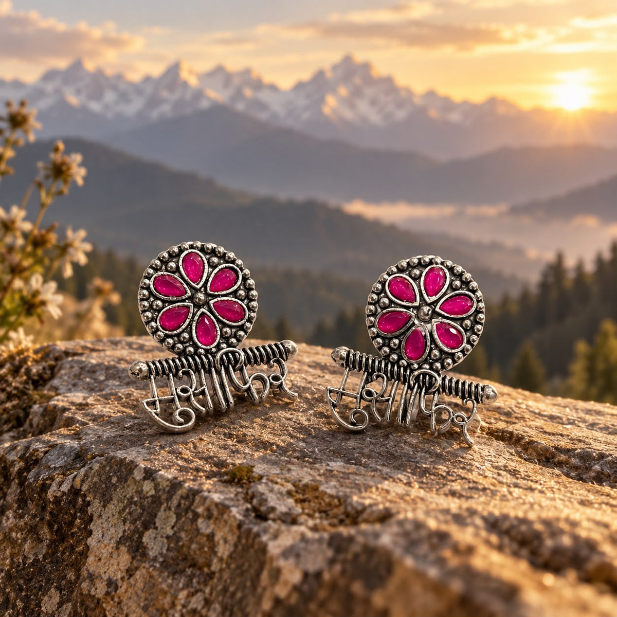 Oxidized Silver Floral Earrings for Women with Pink Stone | Traditional &amp; Trendy Jewellery
