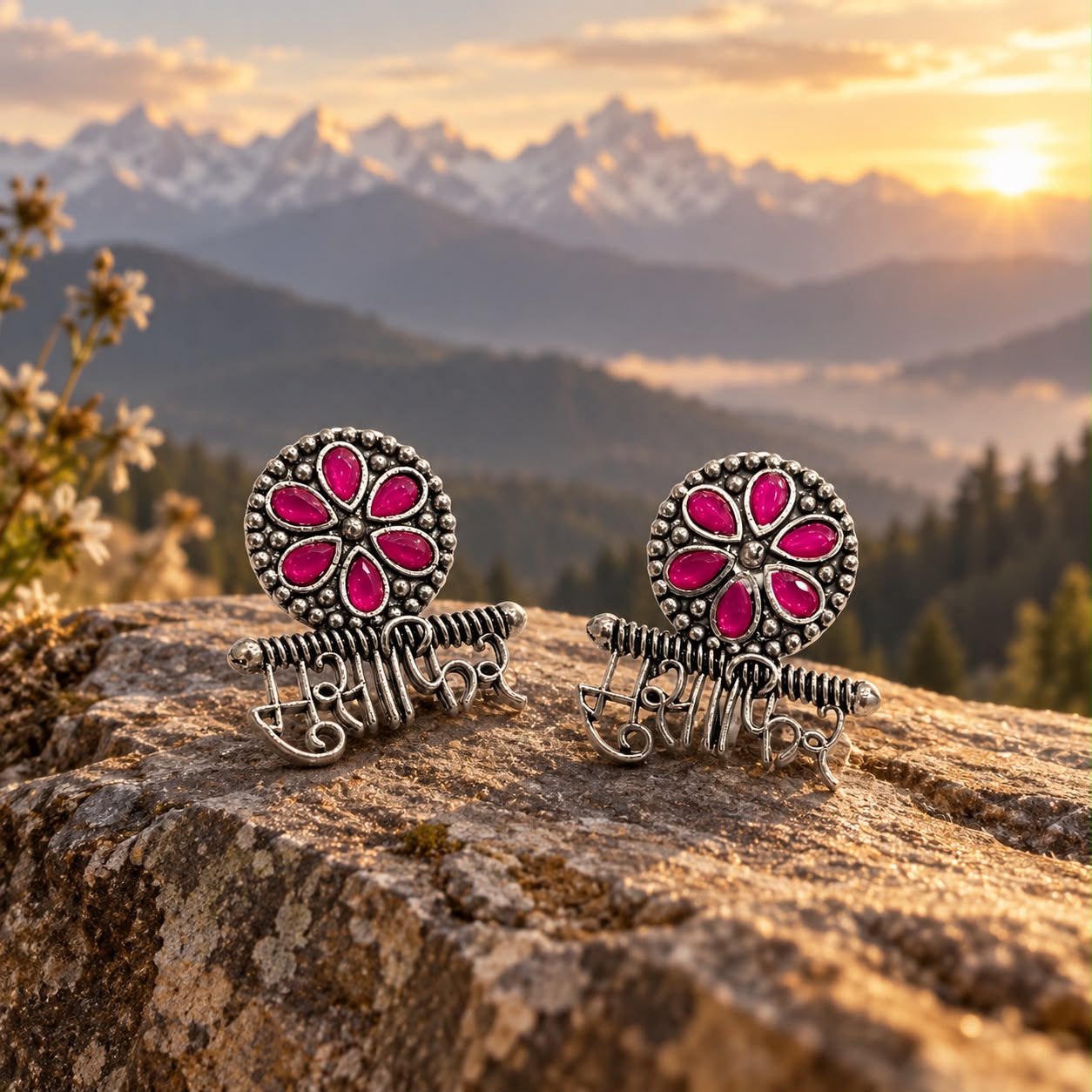 Oxidized Silver Floral Earrings for Women with Pink Stone | Traditional &amp; Trendy Jewellery