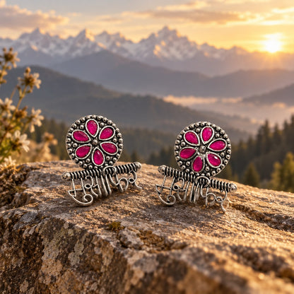 Oxidized Silver Floral Earrings for Women with Pink Stone | Traditional &amp; Trendy Jewellery