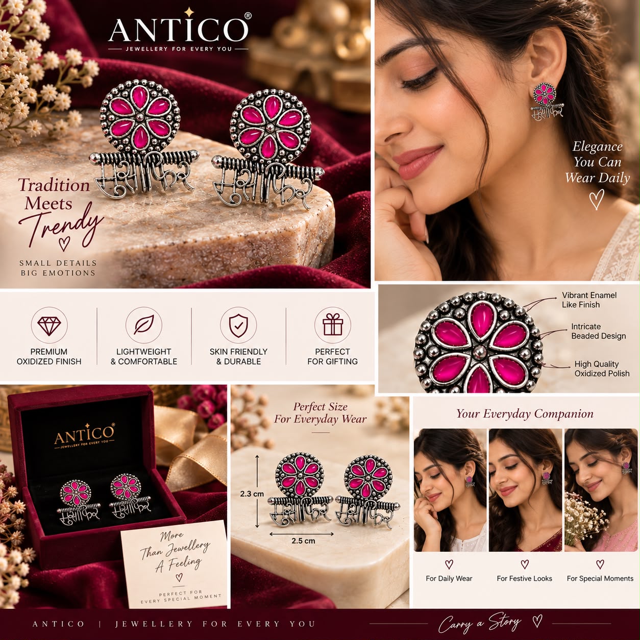 Oxidized Silver Floral Earrings for Women with Pink Stone | Traditional &amp; Trendy Jewellery