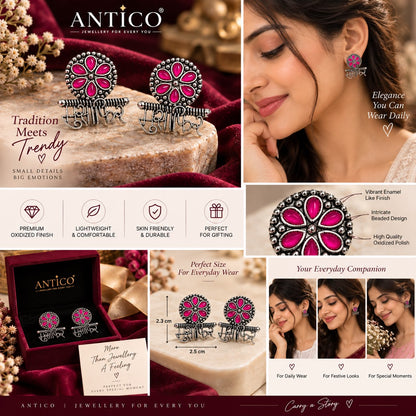 Oxidized Silver Floral Earrings for Women with Pink Stone | Traditional &amp; Trendy Jewellery