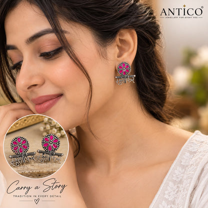 Oxidized Silver Floral Earrings for Women with Pink Stone | Traditional &amp; Trendy Jewellery