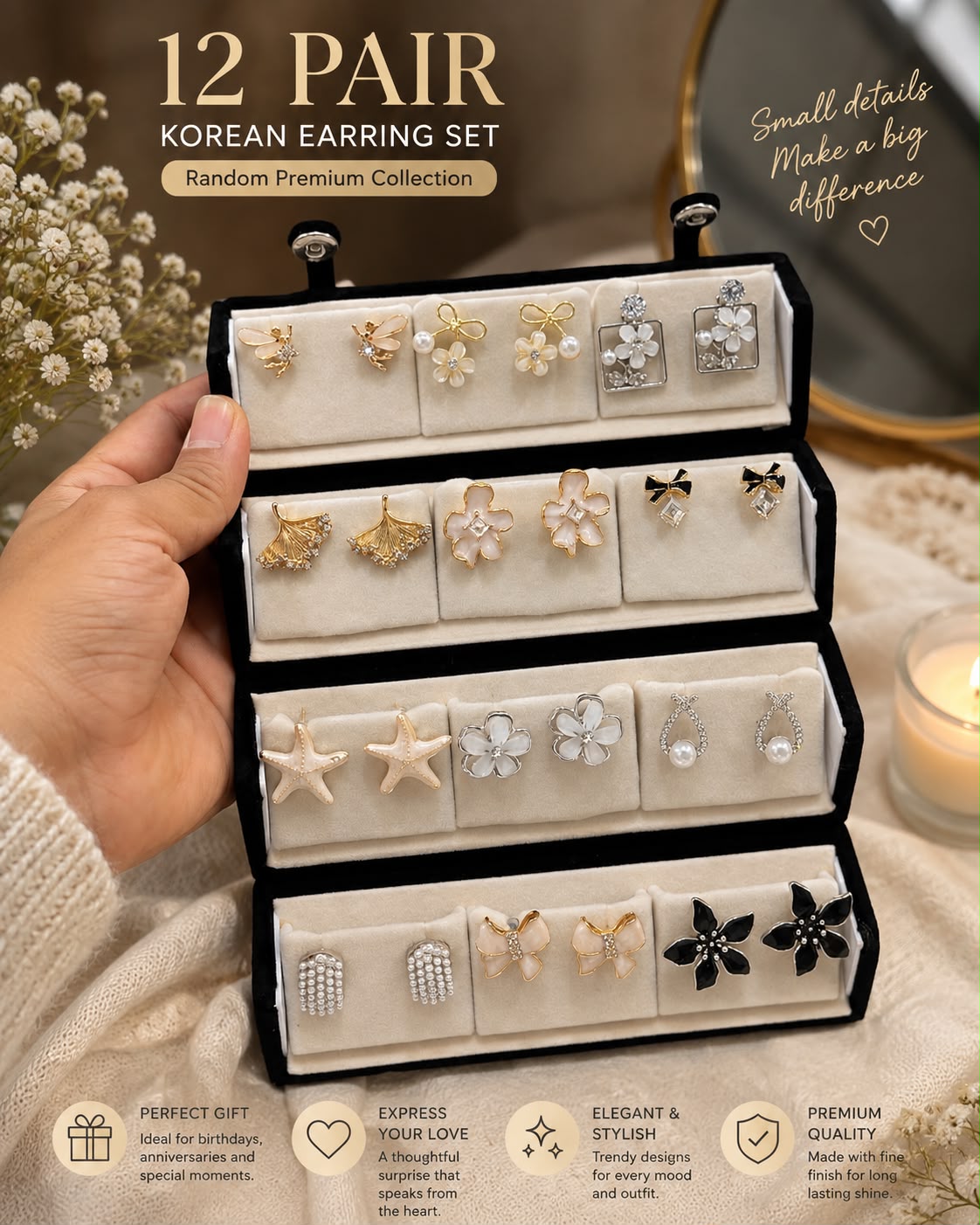Premium 12 Pairs Stylish Earrings Set for Women | Trendy Fashion Jewellery Collection